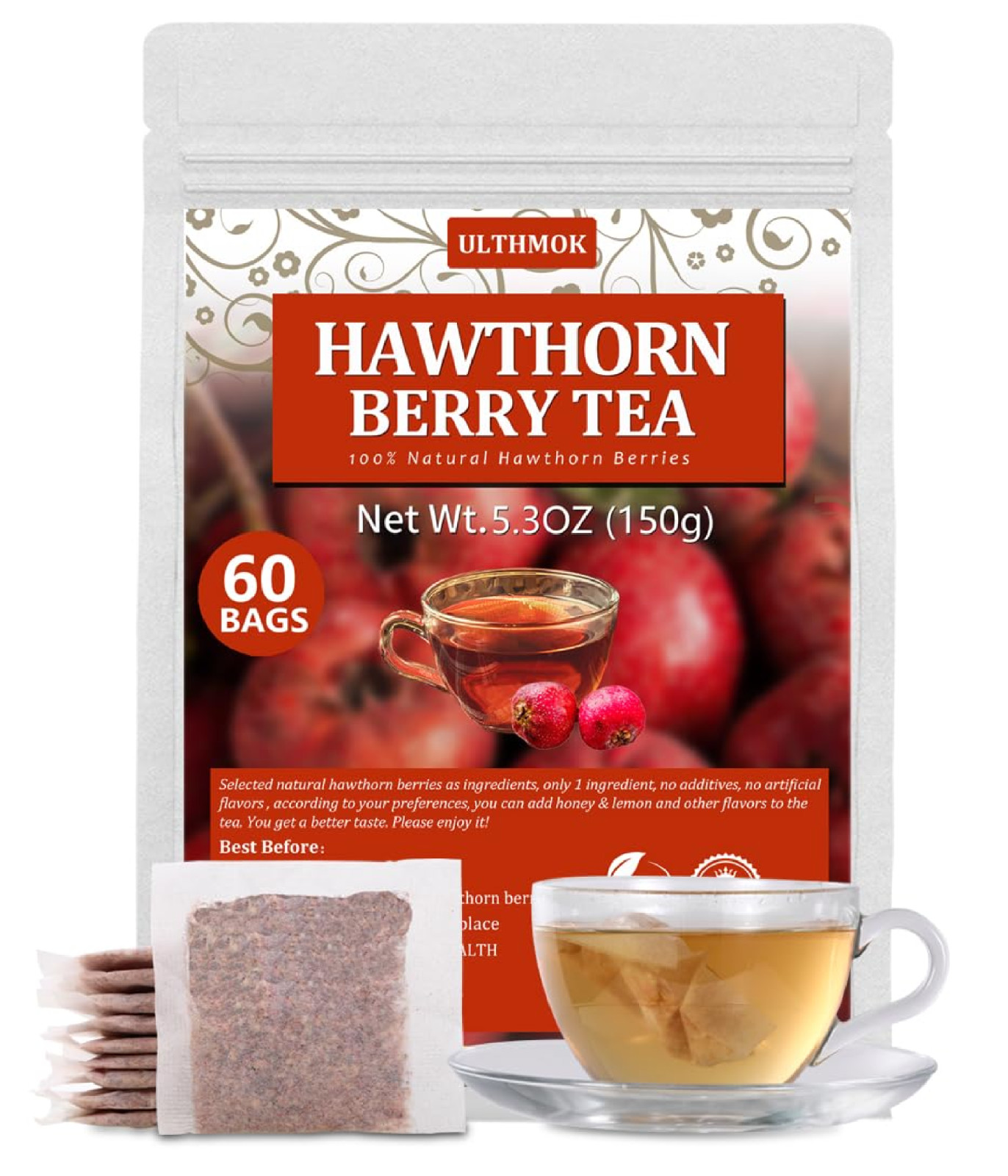 Premium 60 Hawthorn Berry Tea Bags, Made with 100% Natural Hawthorn Berries, Aid