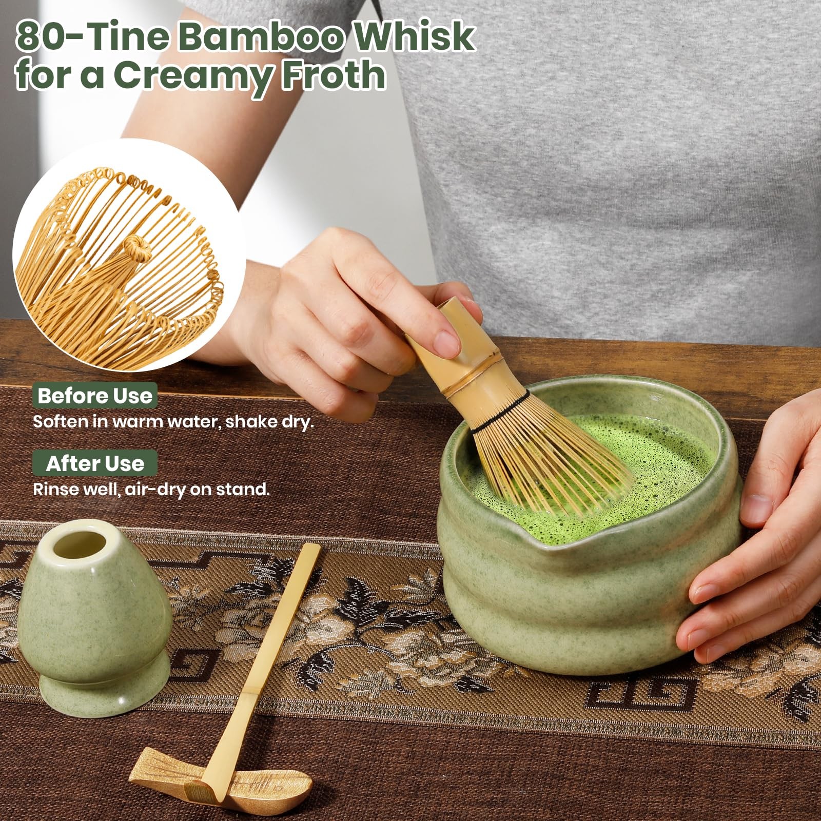 Matcha Whisk Set 7pcs, Japanese Macha Making Kit – 17oz Bowl with Spout, Whis…