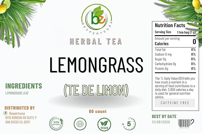 Limón Té (Lemongrass Tea) – 60 Tea Bags – 100% Natural, Vegan, Herbal – Gluten-F