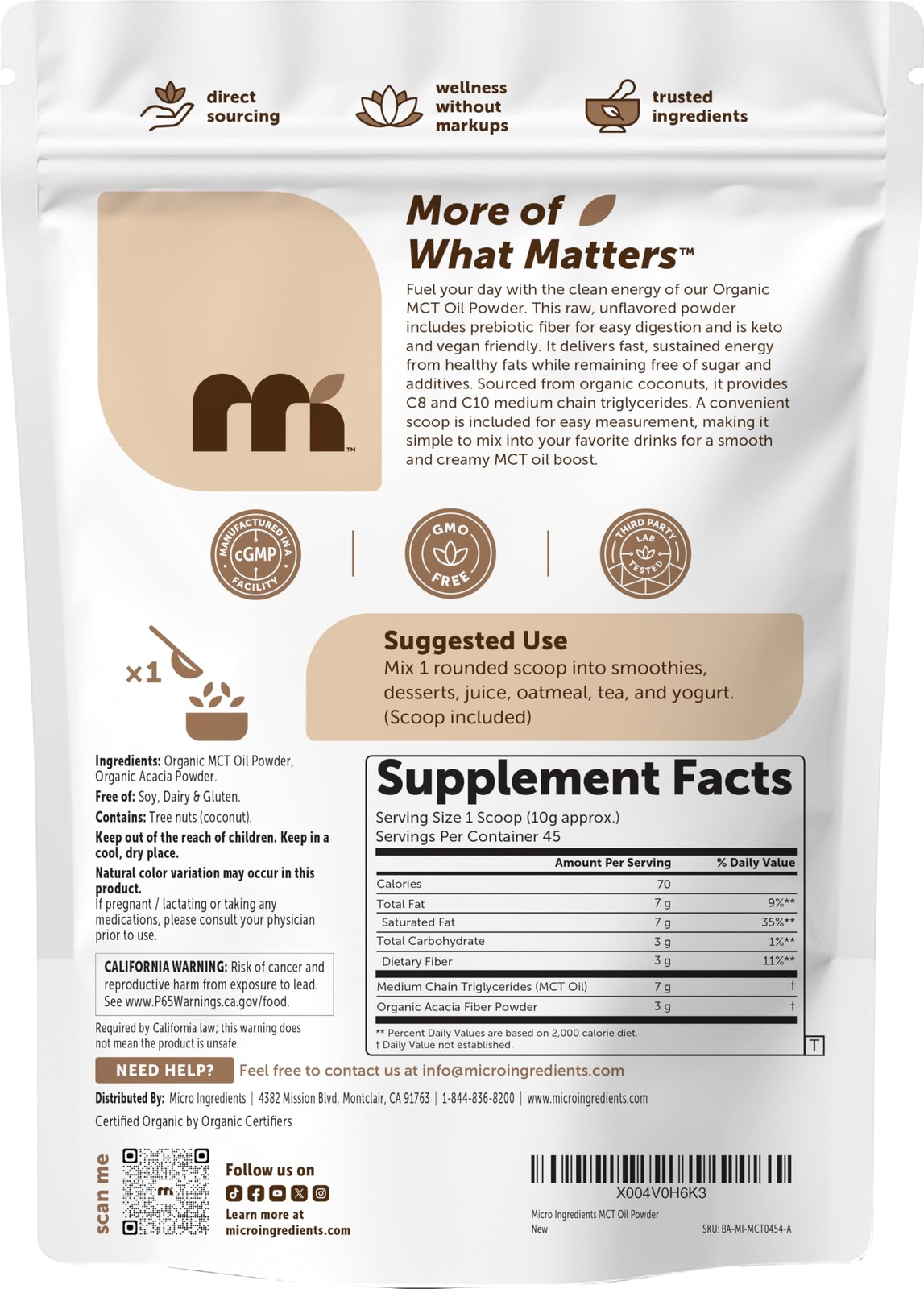 Micro Ingredients Organic MCT Oil Powder with Prebiotic 1 Pound (Pack of 1)
