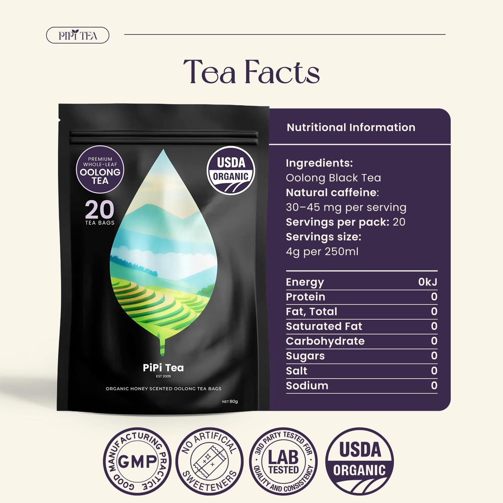 PiPi Tea Organic Oolong Tea Bags Whole Leaf 20 Bags (4g Each) – Cortisol & Calm