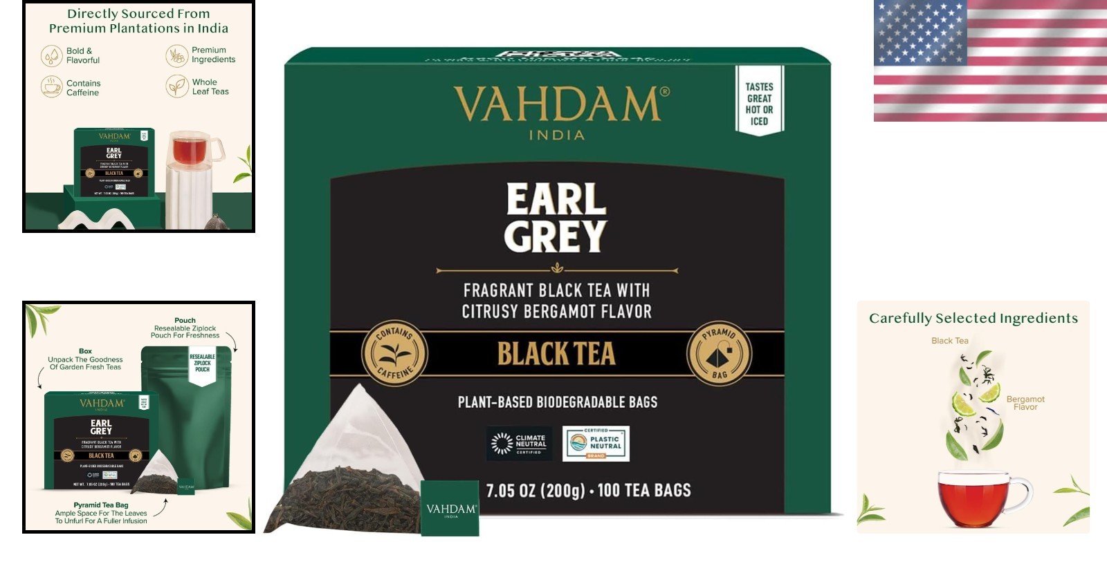 Flavored Black Tea Bags – Earl Grey with Bergamot, 100 Count, Biodegradable Bags