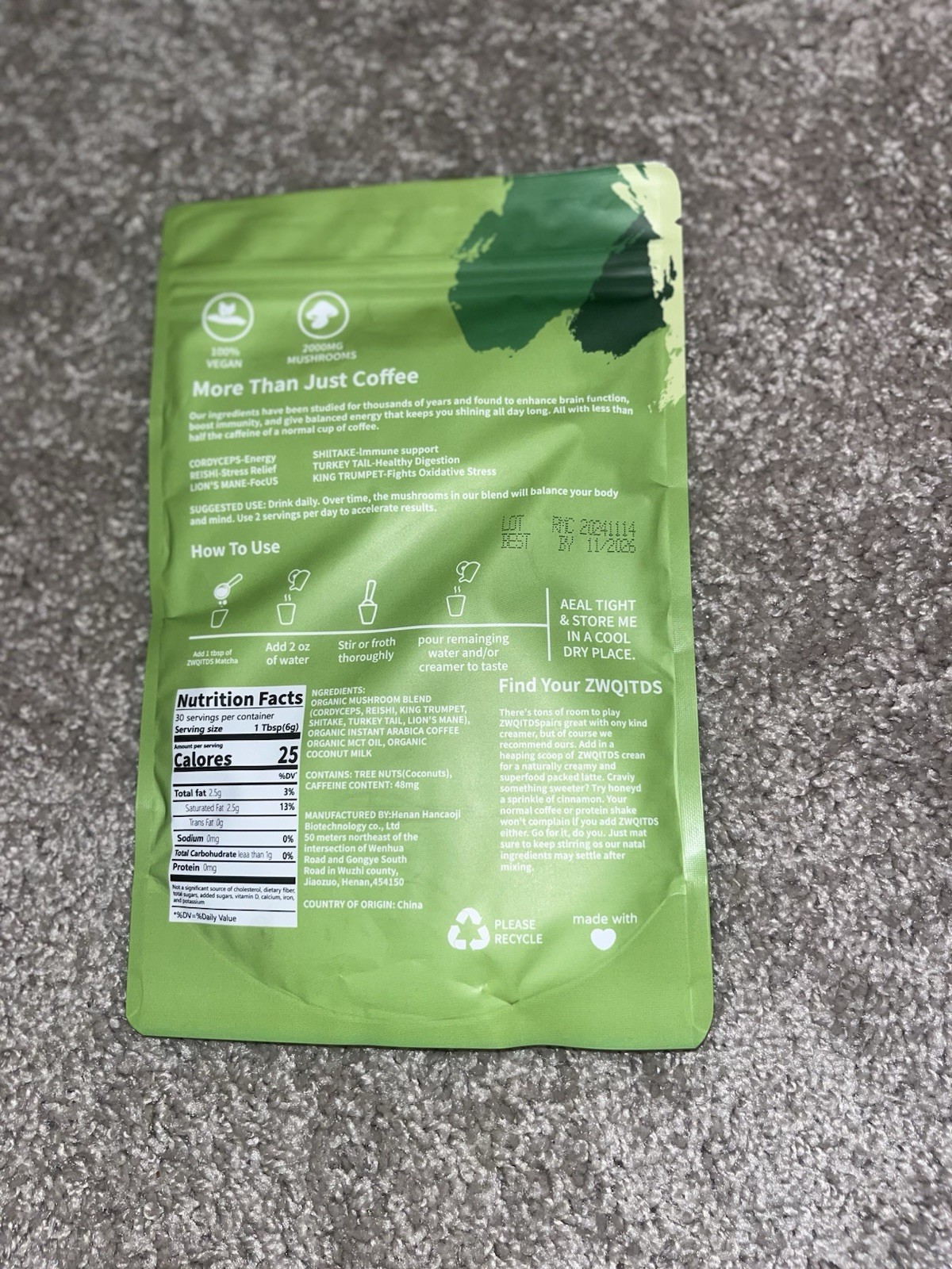 ZWQITDS Mushroom Matcha Tea Powder 6.35 oz 100% Vegan Tea & Infusion Pantry