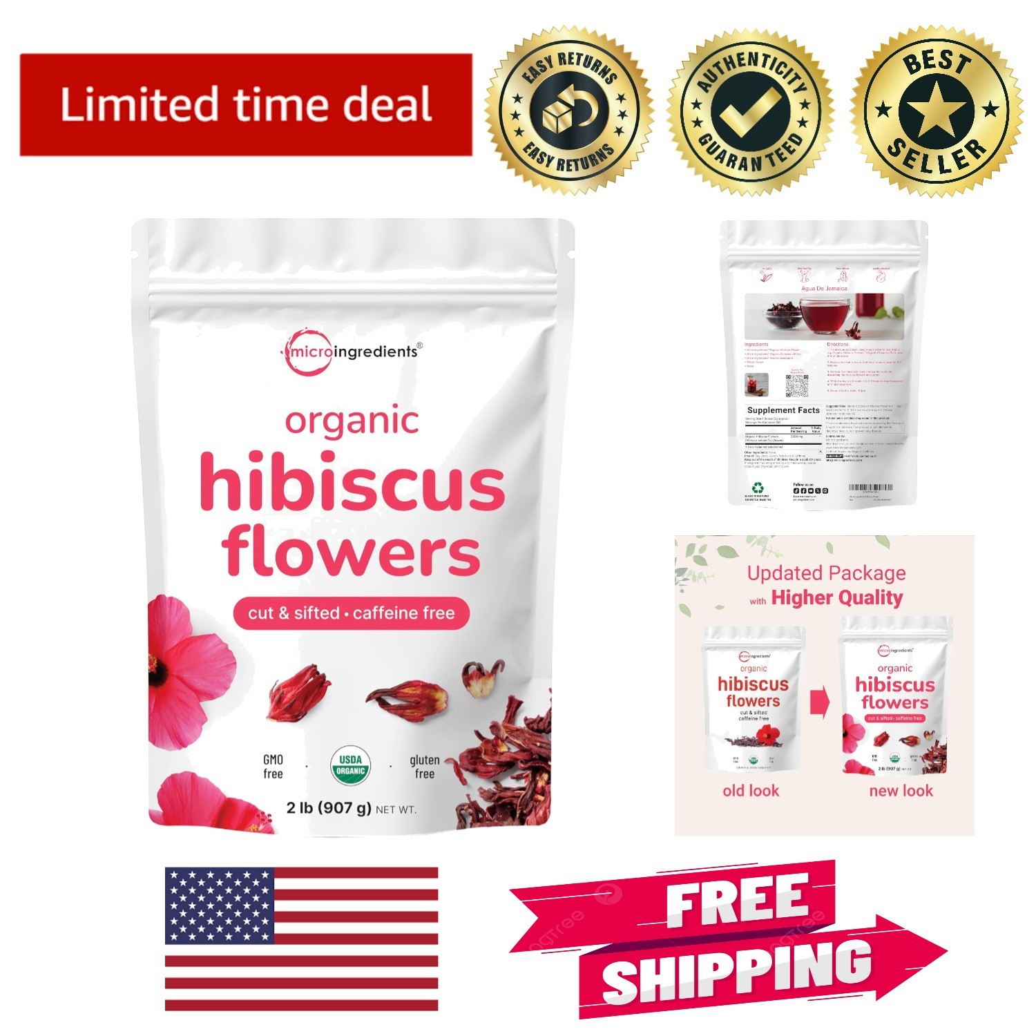 Caffeine-Free Organic Hibiscus Flowers, 2 lbs | Versatile Tea for Every Occasion