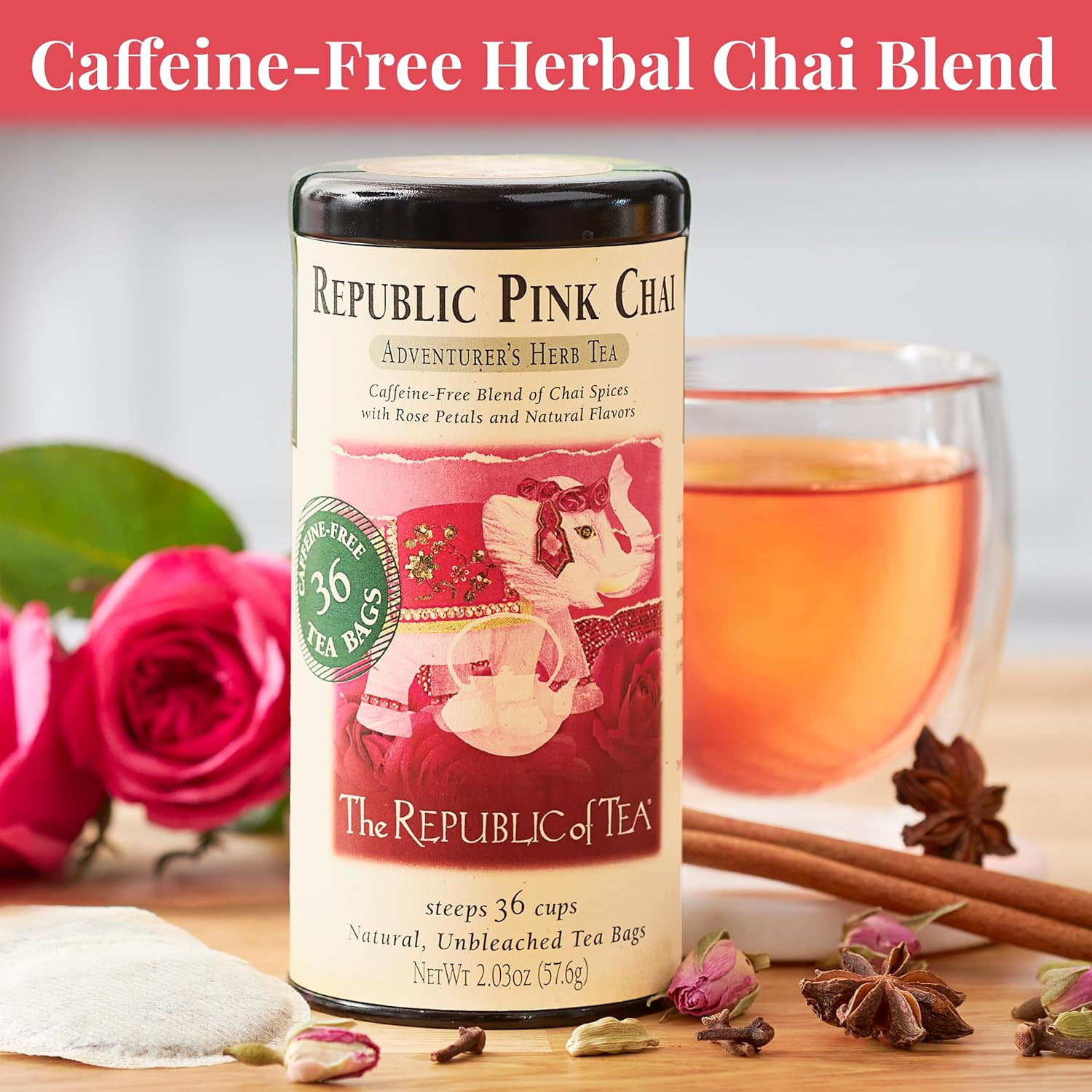 The Republic of Tea — Republic Pink Chai Herbal Tea Tin, 36 Tea Bags, Naturally