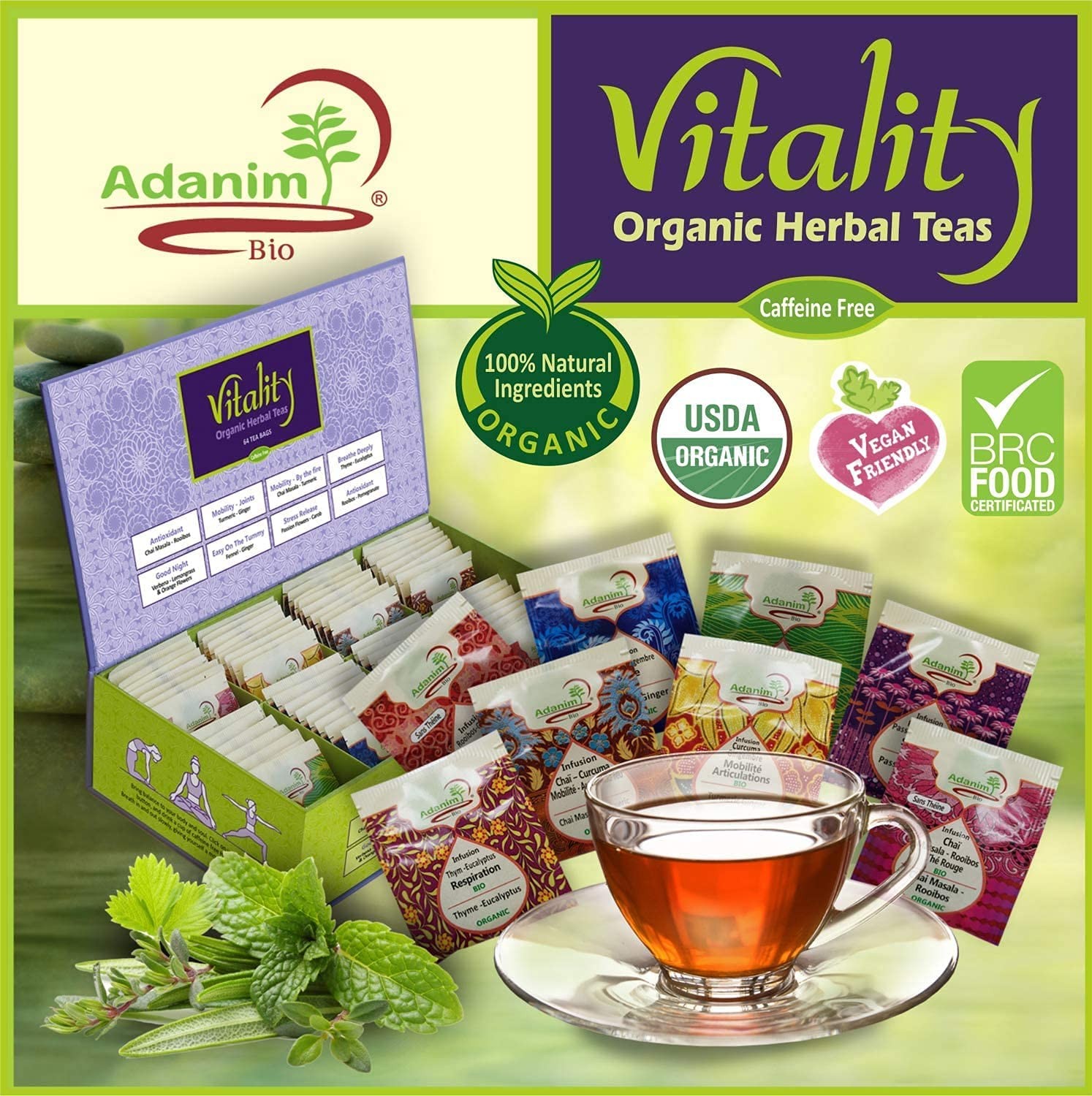 Vitality Organic Herbal Tea Sampler Gift Box Caffeine Free 8 Unique Flavors f…