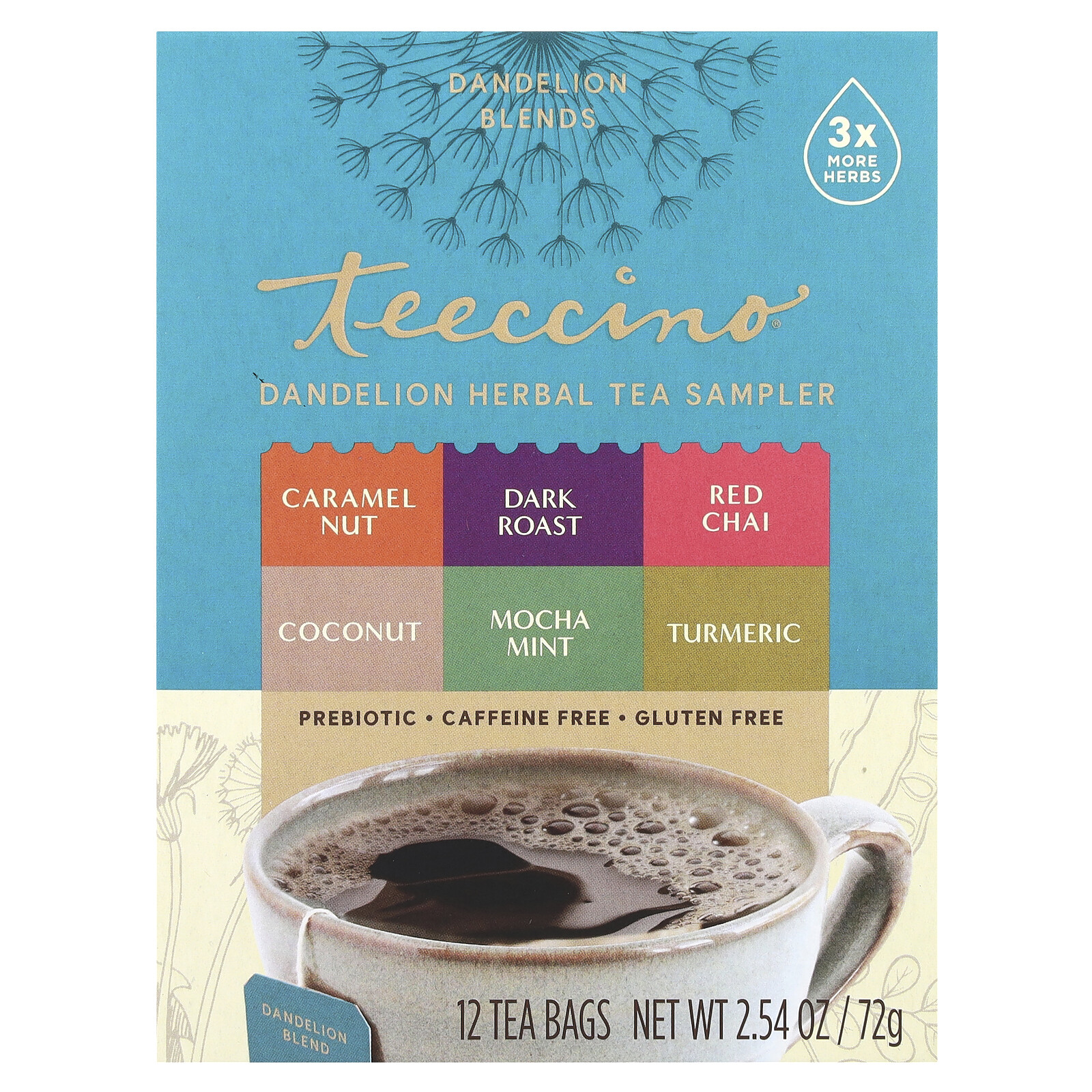 Dandelion Herbal Tea Sampler, 6 Flavors, Caffeine Free, 12 Tea Bags, 2.54 oz (72