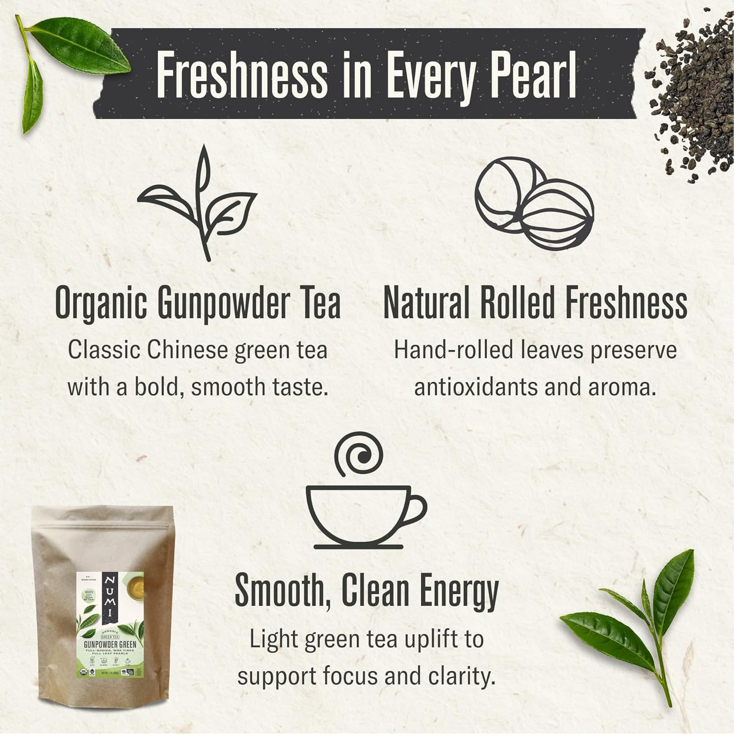 Numi Gunpowder Loose Leaf Green Tea – Organic Tea Leaves – 16 Ounces – Brews 200