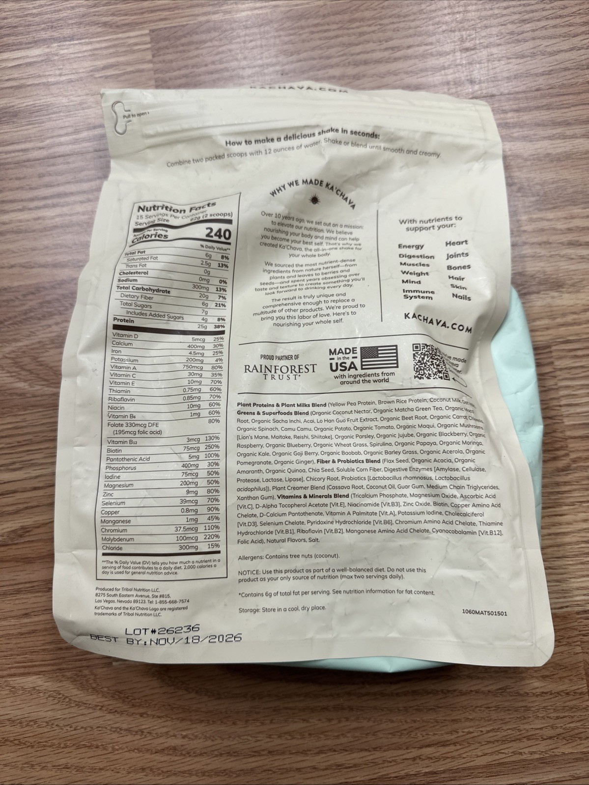 Kachava Matcha Bag 32.8 Oz 15 Servings 11/2026