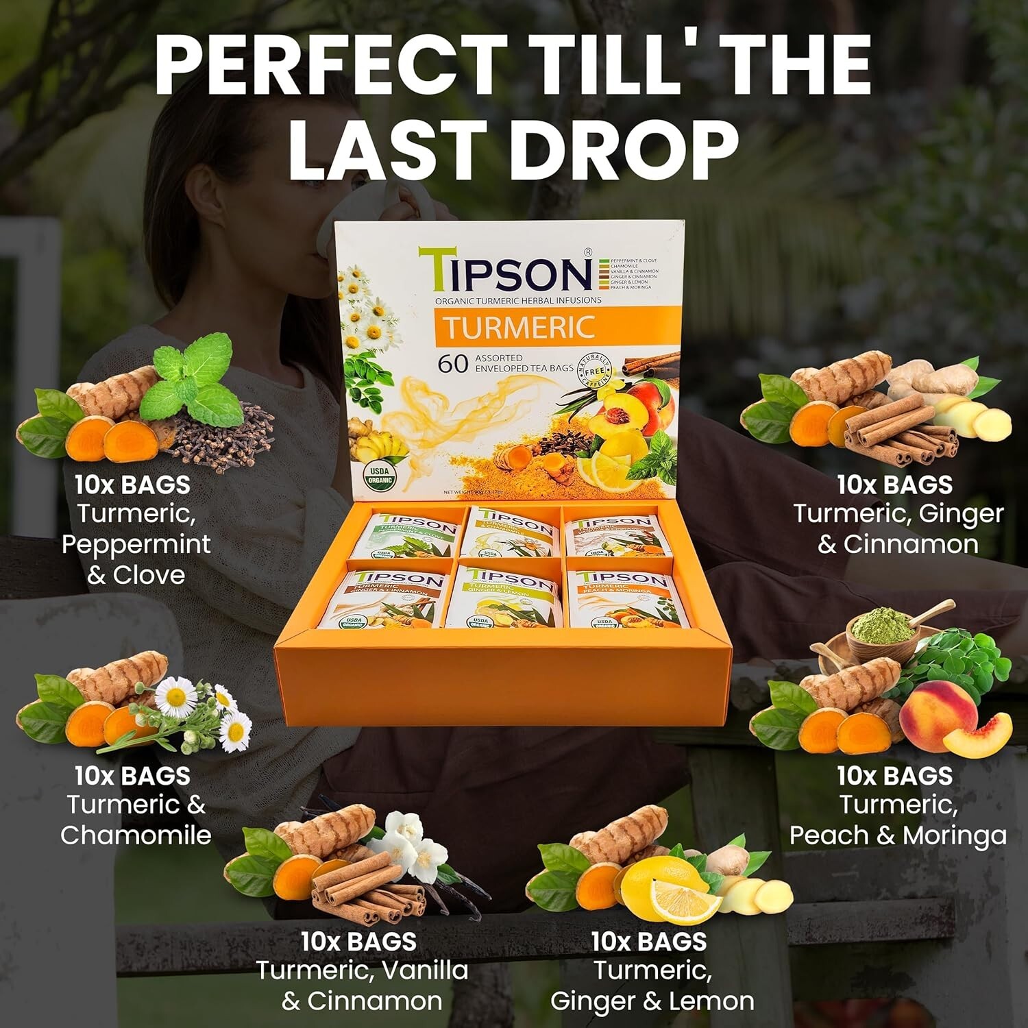 Tipson Organic TUMERIC Herbal Tea Infusions 60 Bags Assorted Sampler 6 Flavors