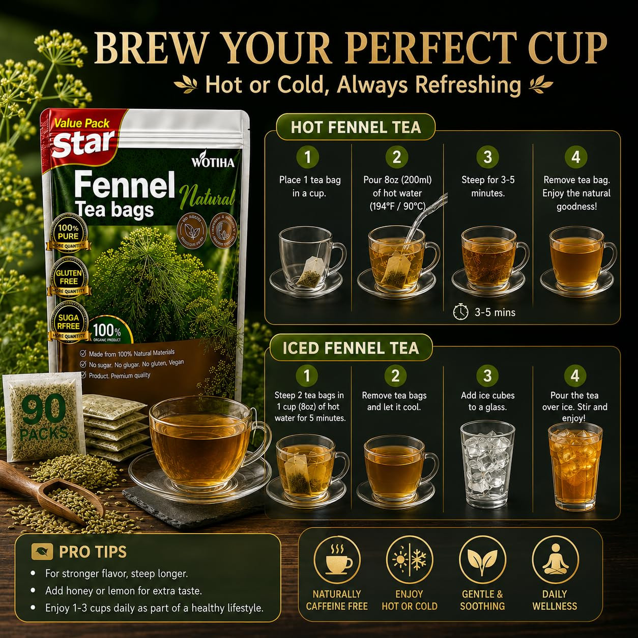 90 Count Organic Premium Fennel Tea Bags – 100% Natural & Pure Herbal Tea, Suppo
