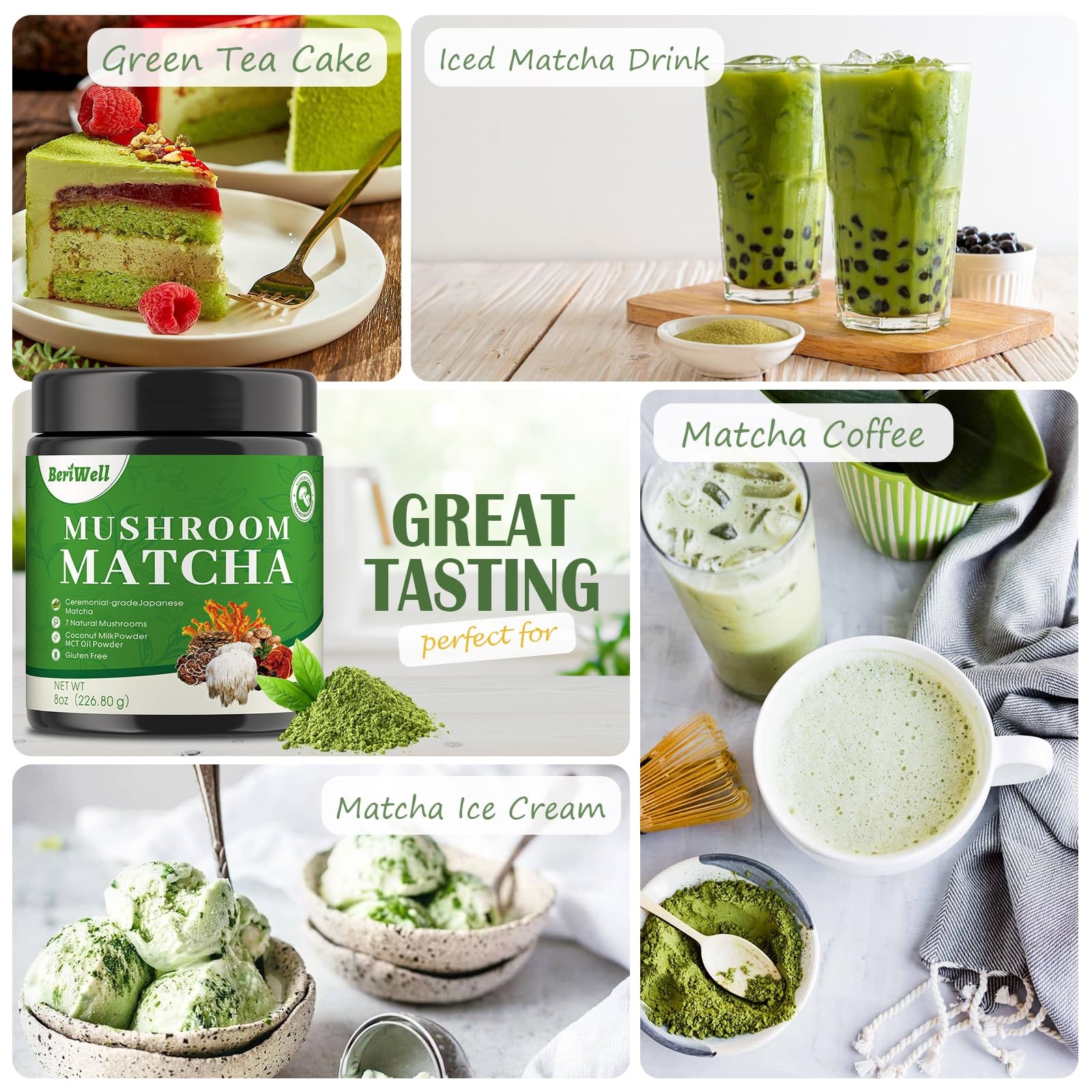 Mushroom Matcha Powder, Japanese Ceremonial Matcha Infused With 7 Superfood M…