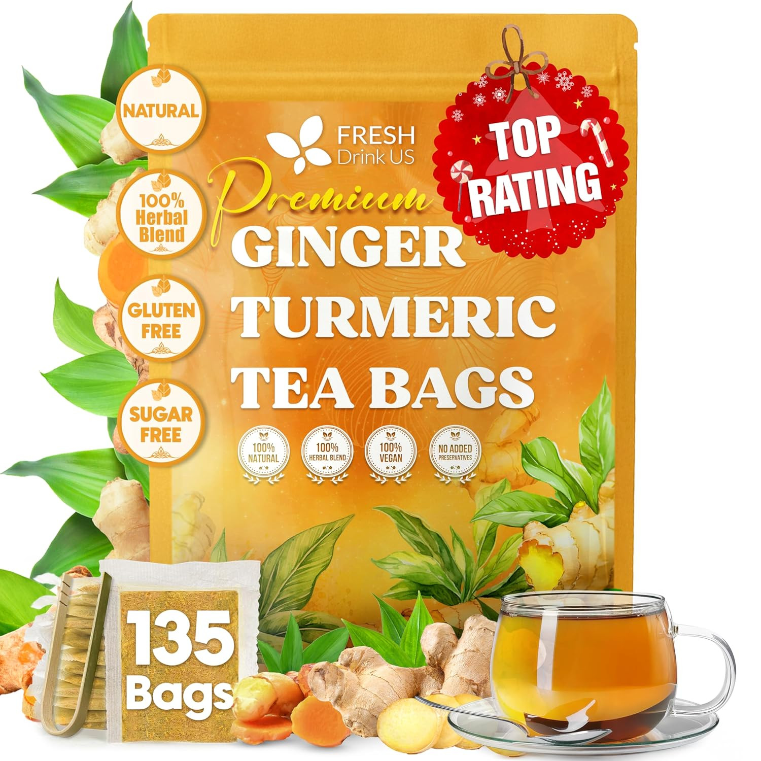, Premium 135 Ginger Turmeric Tea Bags, 100% Natural Ingredients, Hand-Made Blen