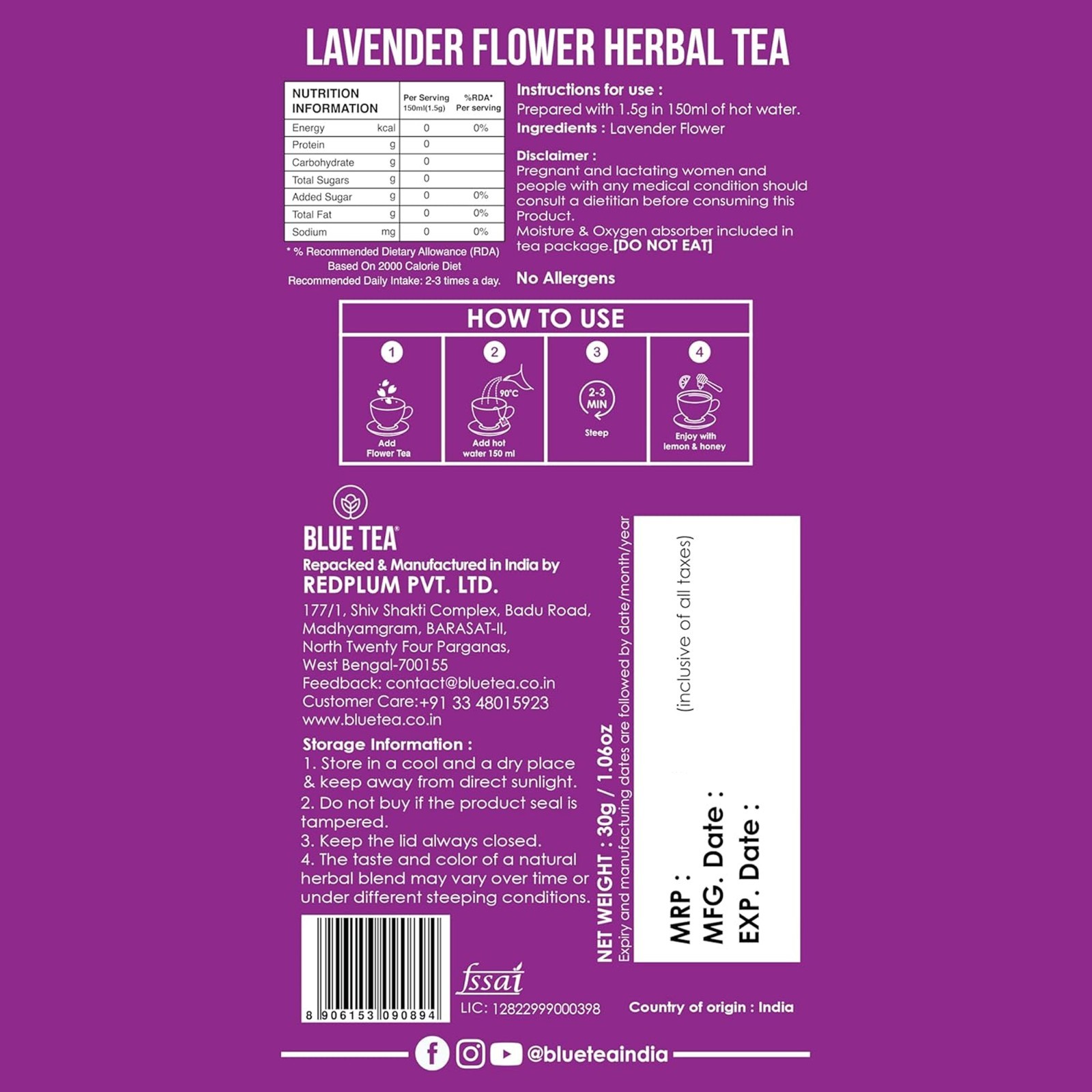 BLUE TEA – Lavender Herbal Tea, 1 Oz 30 Cups, 100% Natural Flower Buds, FREESHIP