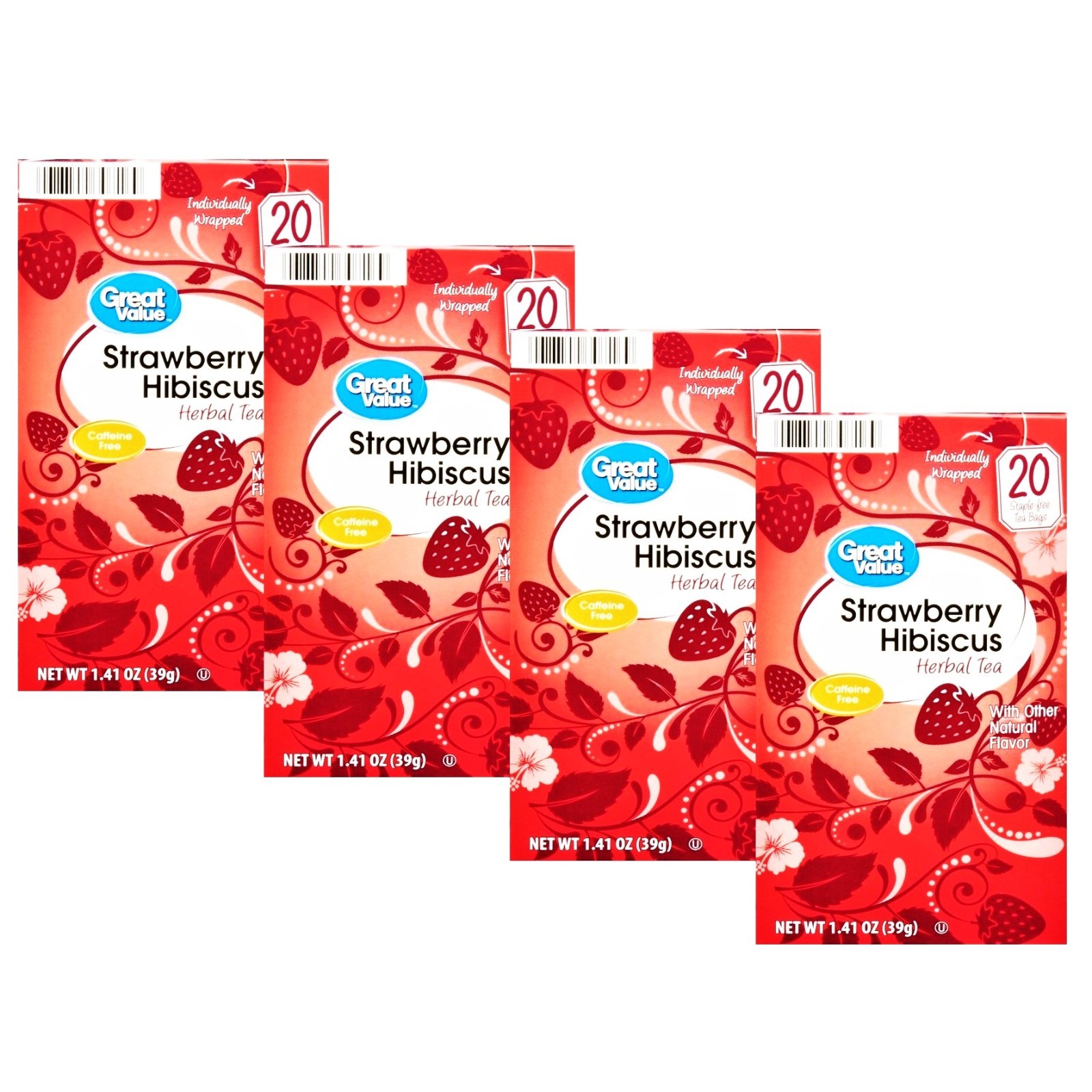 Great Value Strawberry Hibiscus Herbal Tea, 20 Tea Bags (Pack of 4)