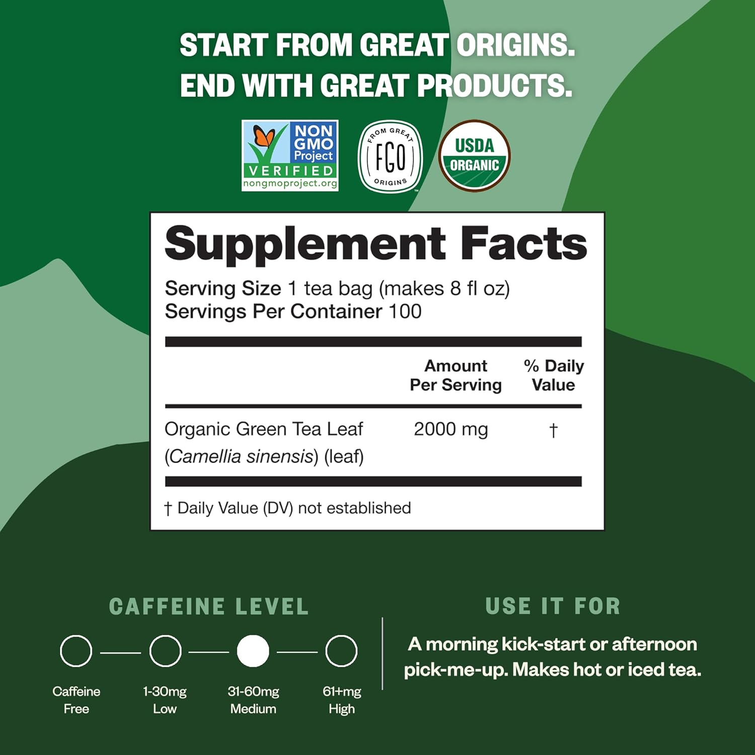 FGO Organic Green Tea Bags, Caffeinated, Eco Conscious, Resealable Pouch, 100 Ct