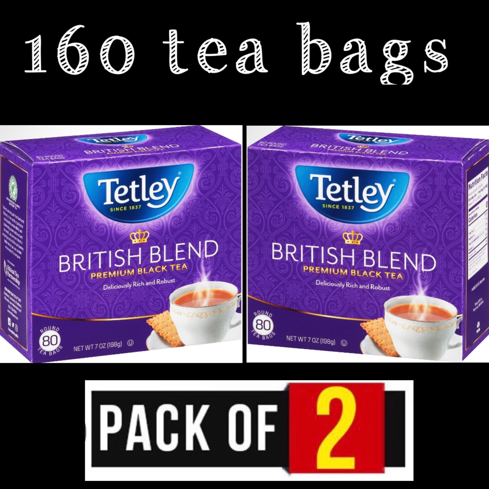 2 Box Tetley British Blend Premium Black Tea 160 Bags Deliciously Rich & Robust