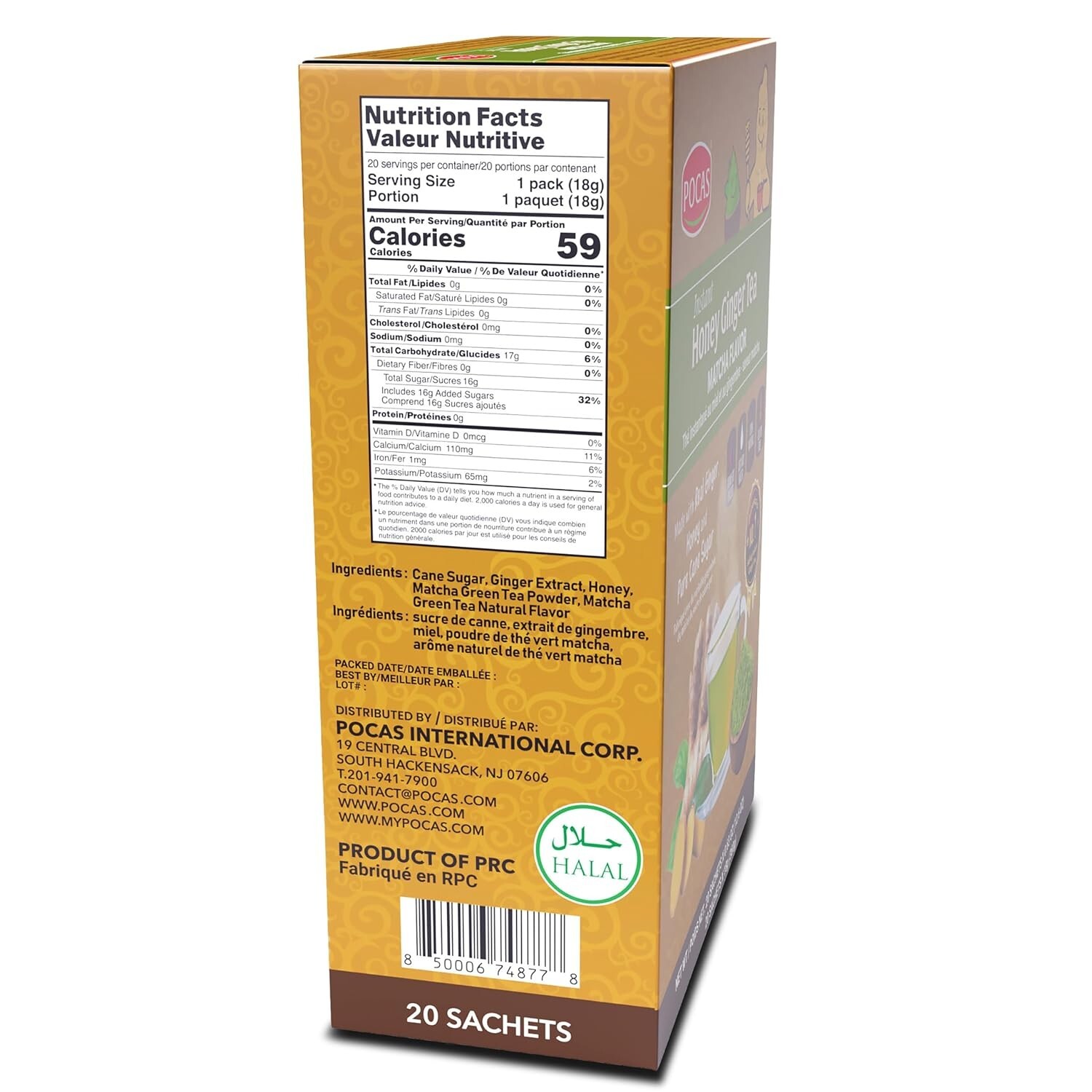 Pocas Honey Ginger Tea Matcha Instant Non GMO Gluten Caffeine Free 20 Ct 2 Boxes