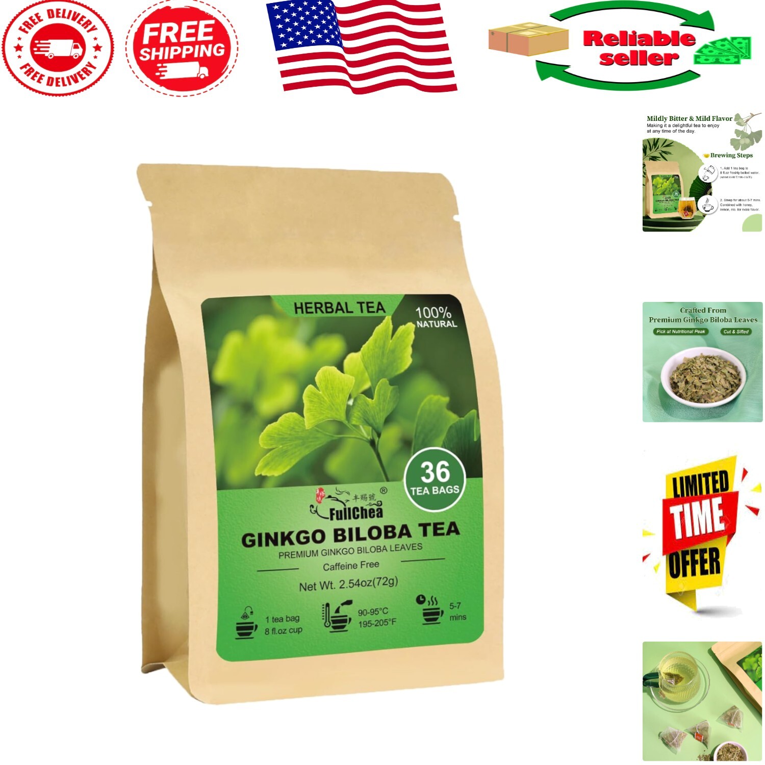 36 Ginkgo Biloba Tea Bags – Mildly Bitter, Earthy Flavor for Relaxation & Focus