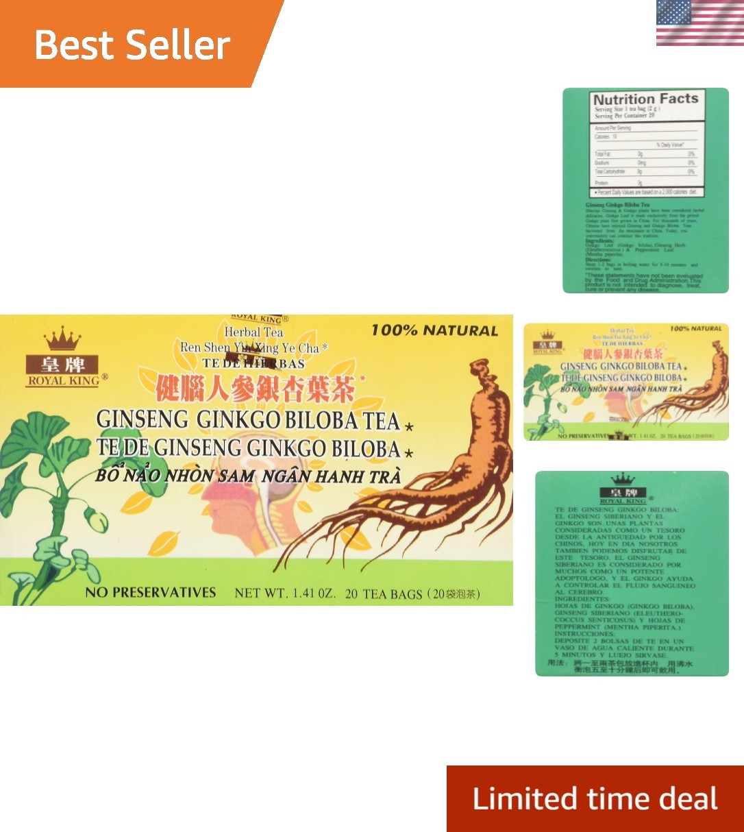 Organic Ginseng Ginkgo Biloba Tea – 20 Bags in Convenient Box for Wellness