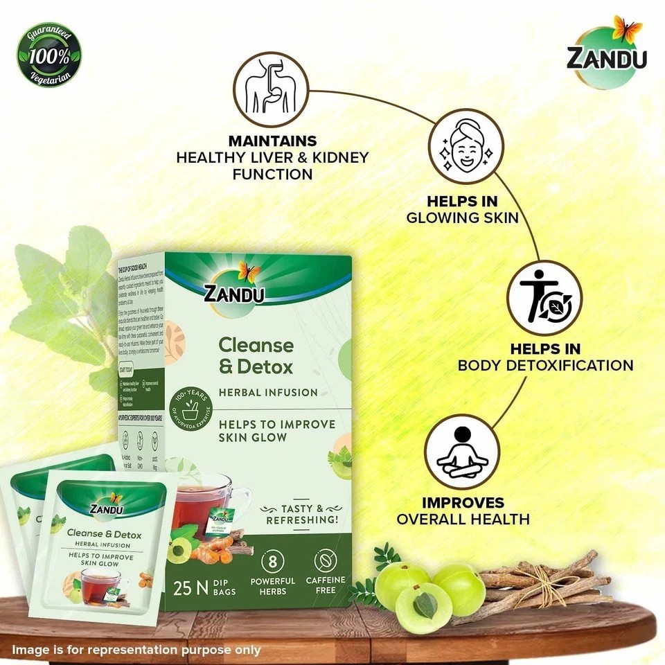 Zandu Cleanse Detox Herbal Green Tea 25 Bags | Skin Glow & Body Detox, 90g