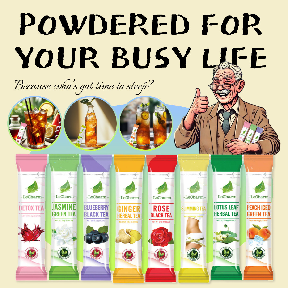 8-Flavor Herbal Tea Powder Mix 100% Natural Detox Black Green Fruit Tea Pack