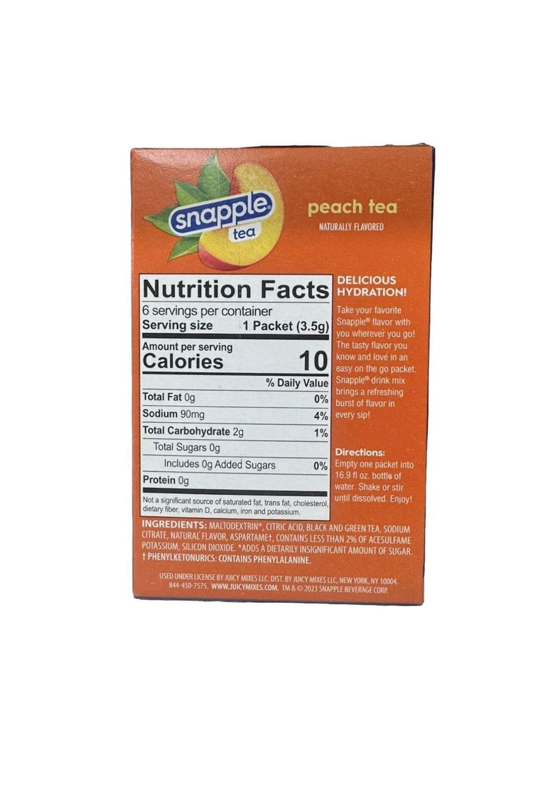 🍑( Lot Of 6) New Snapple Peach Tea Zero Sugar on the go Packets 36 Total🍑