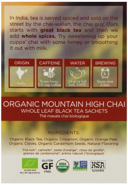 6 Boxes of 15 sachets TWO LEAVES AND A BUD Organic Black Tea Mountain High Chai