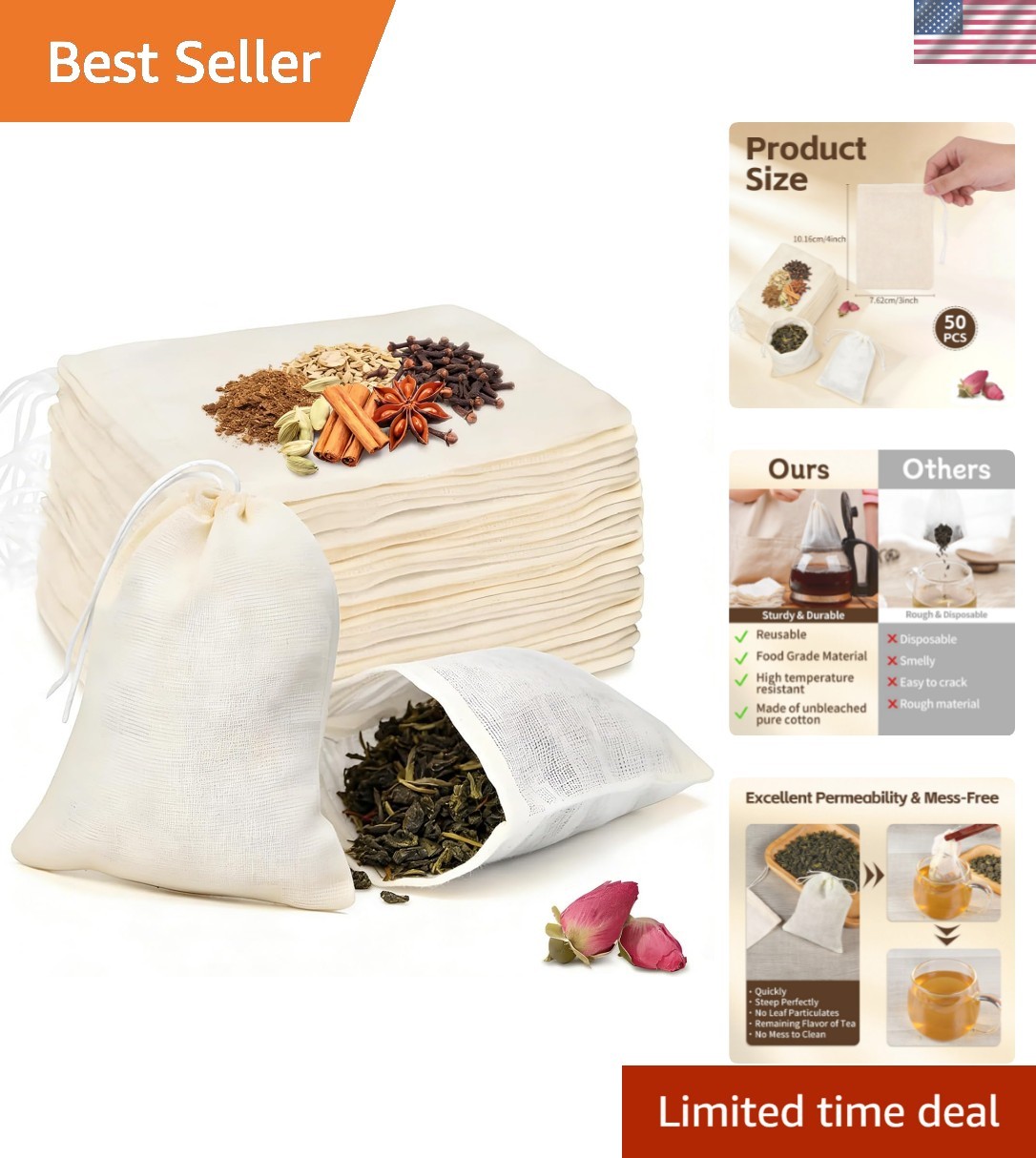 50 Pcs Tea Bags for Loose Leaf Tea, Reusable Tea Bags, Natural Unbleached Cot…