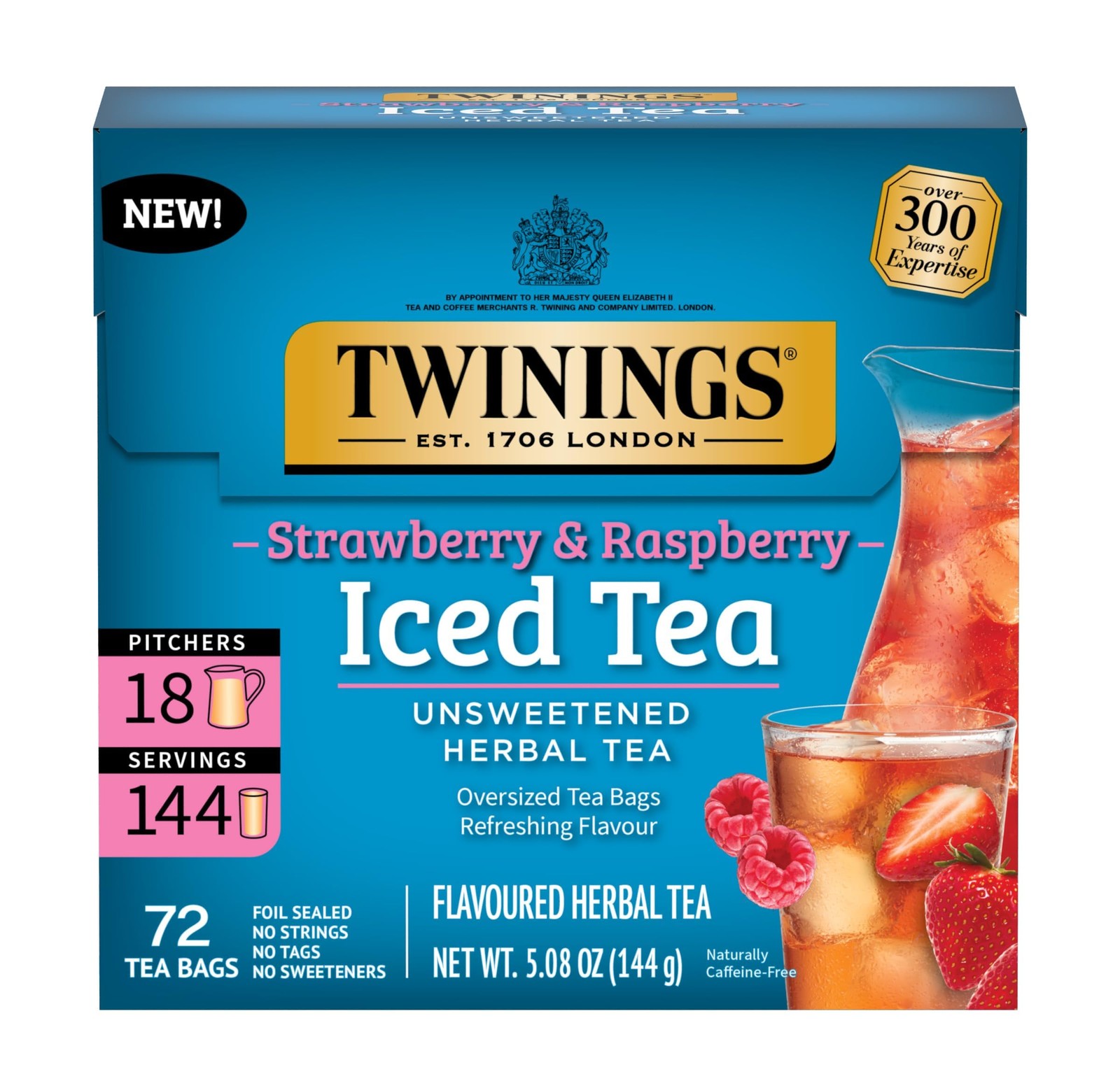 Twinings Strawberry Raspberry Herbal Iced Tea, 72 Oversized Tea Bags, Makes …