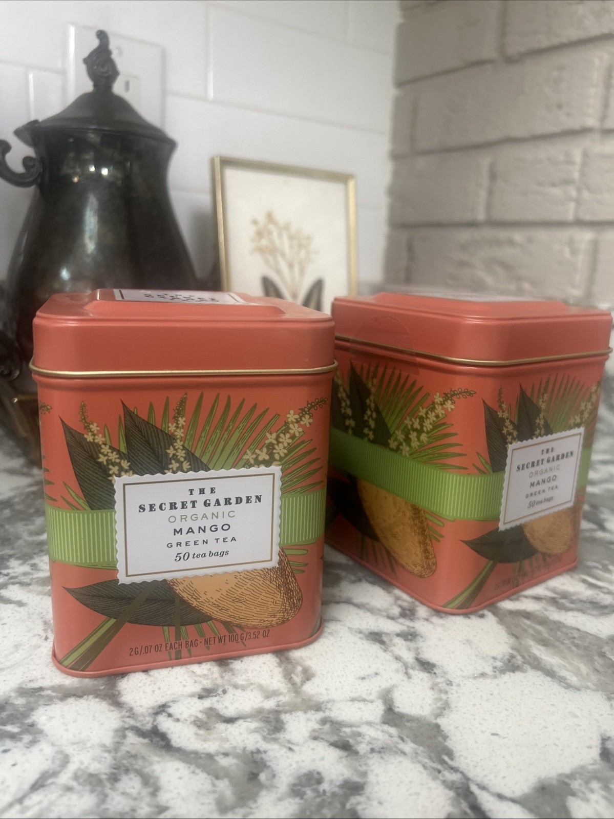 Organic Mango Green Tea Secret Garden 50 ea Tea Bags Reusable Tin Lot of 2 New