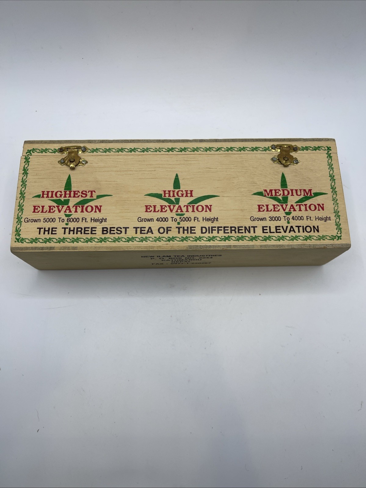Wooden Tea Box from Niti Labeled “Three Packets 50G” from Different Elevations