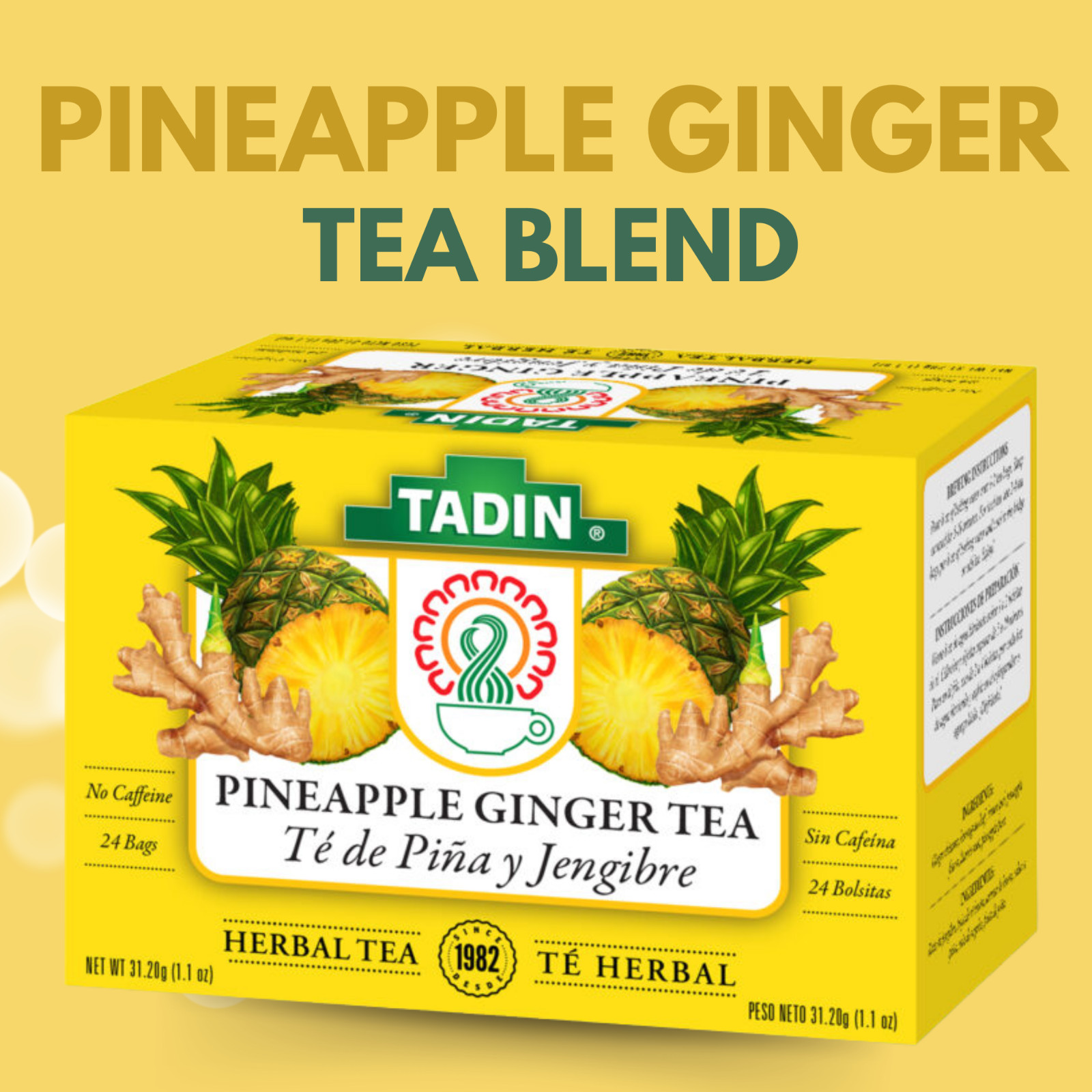 Tadin Pineapple Ginger Tea, 24 Bags 1.1 fl oz, Fruity & Spicy Blend (4-Pack)