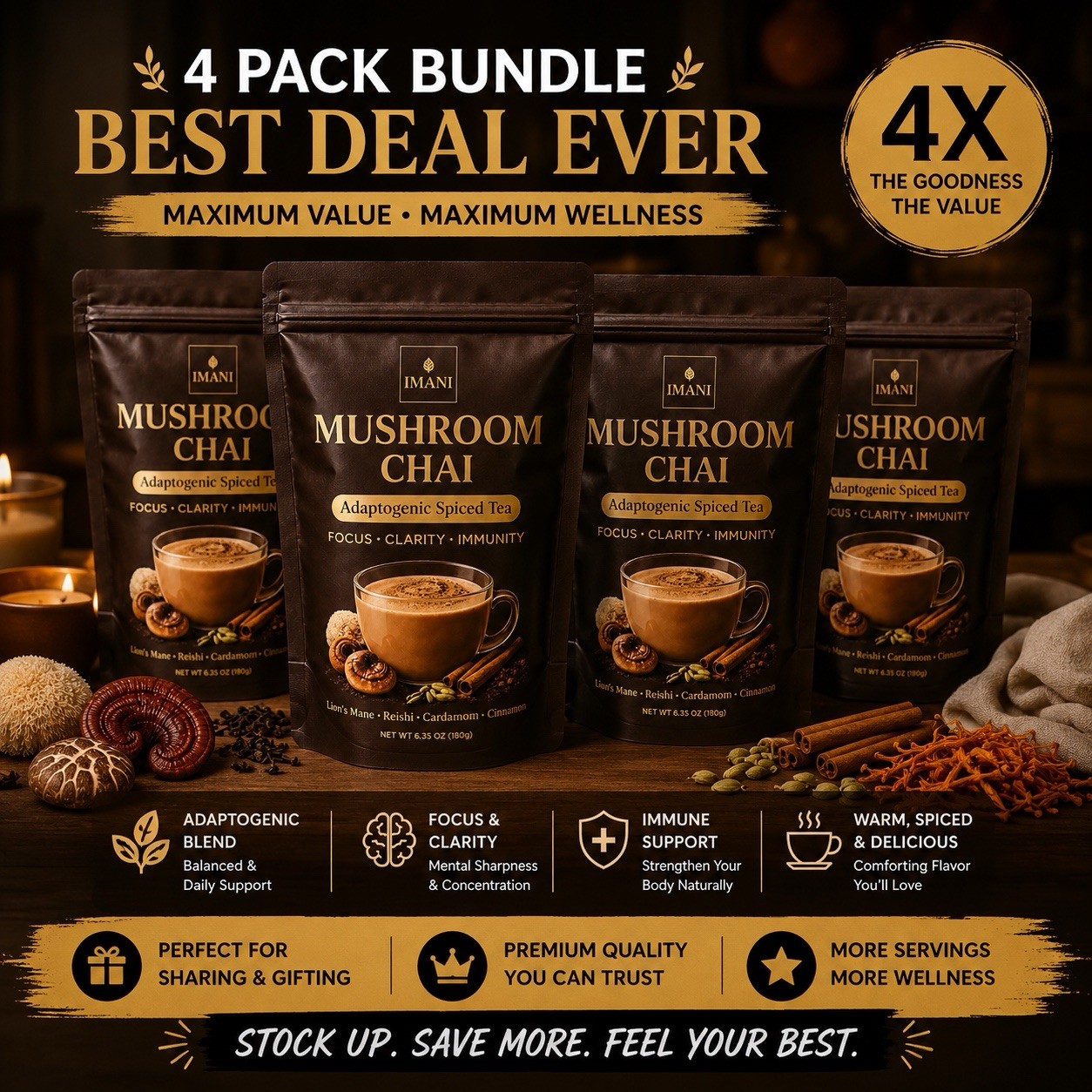 4 PACK IMANI ORGANICS Adaptogenic Mushroom Chai – Focus & Energy Blend 180g DEAL