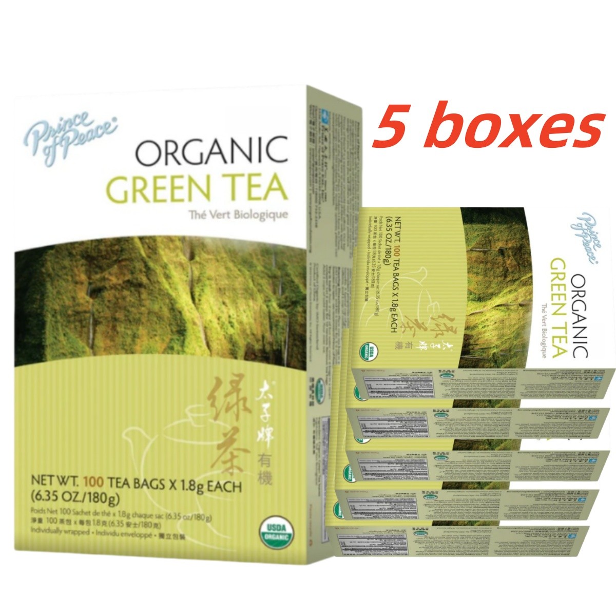 100% Organic Green Tea-5 Boxes-100 Tea Bags Each Box -Prince of Peace