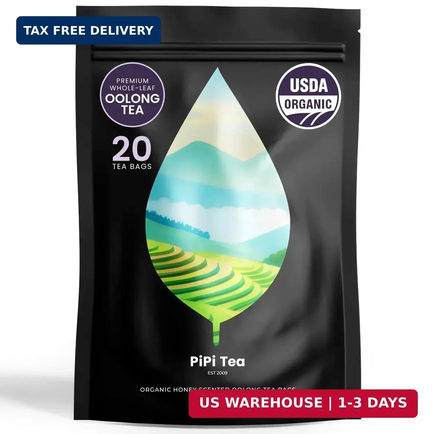 PiPi Tea Organic Oolong Tea Bags – Whole Leaf, 20 Bags (4g Each) – Cortisol & Ca