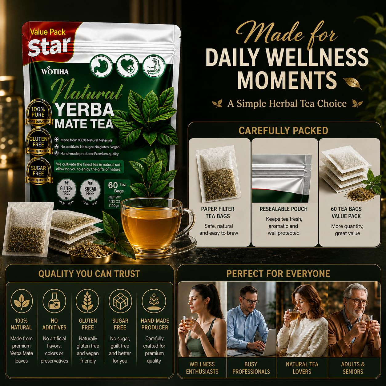 60 Count Premium Unsmoked Yerba Mate Tea Bags – Sourced from Argentina, 100% Pur