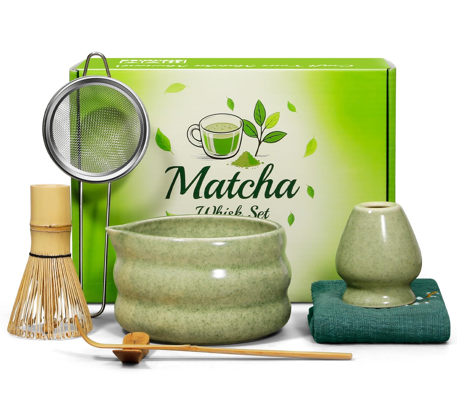 Matcha Whisk Set 7pcs, Japanese Macha Making Kit – 17oz Bowl with Spout, Whis…