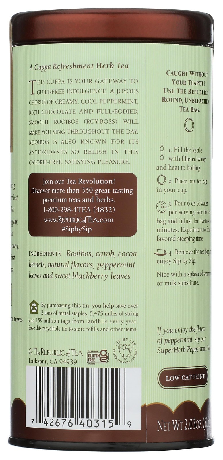 The Republic of Tea – Peppermint Cuppa Chocolate Tea Bags, Low-Caffeine, 36 S…