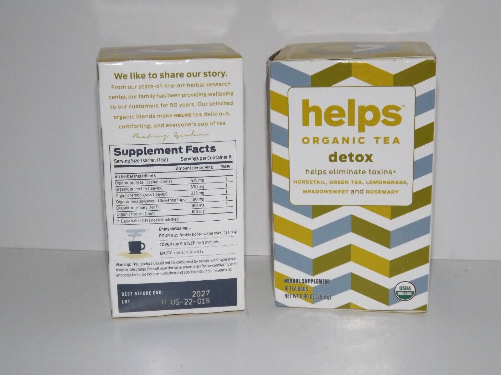2 Boxes Helps Organic Tea Detox 16 Tea Bags Each Box Dated 2027 New (U)
