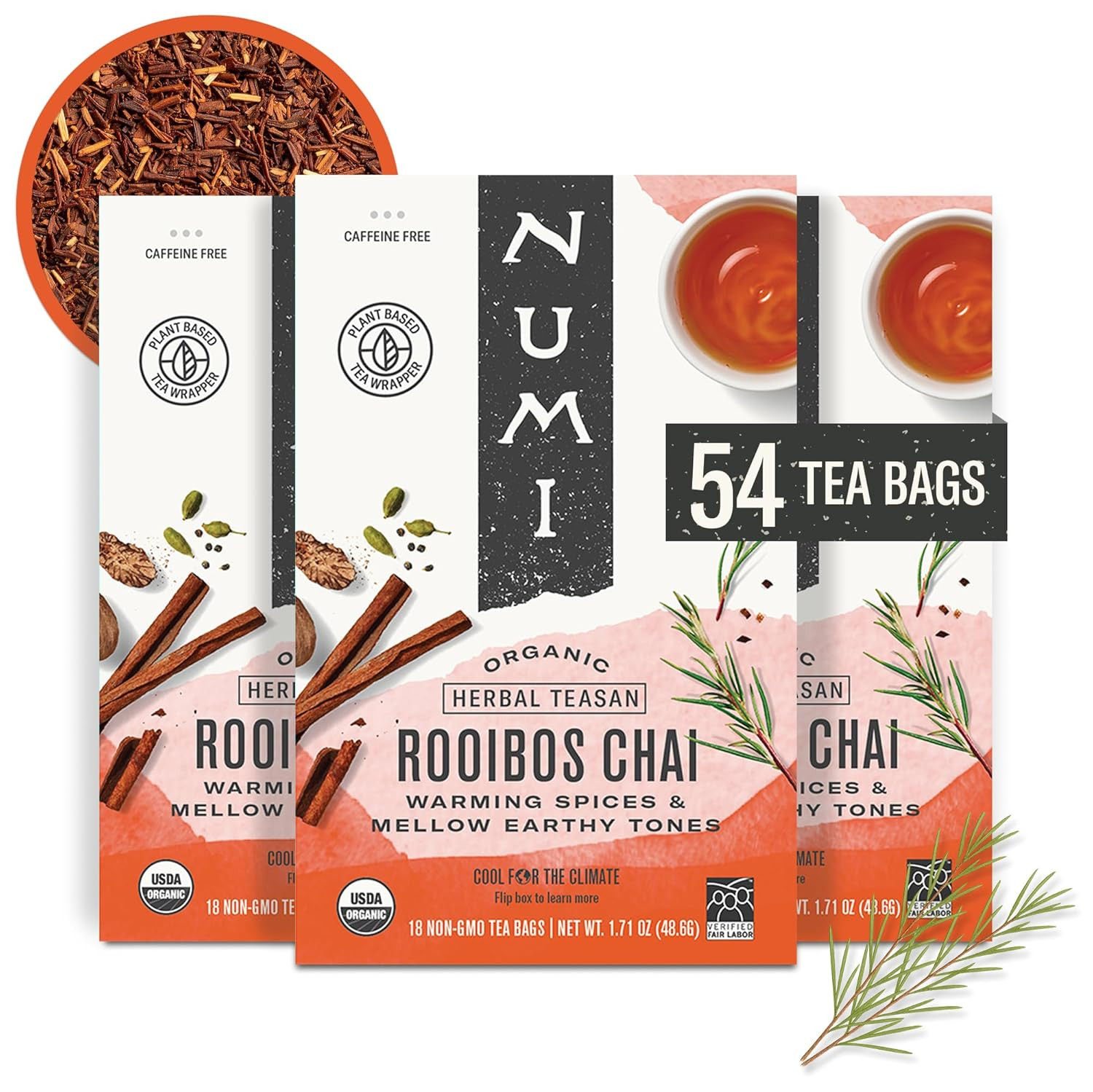 Numi Organic Rooibos Chai Tea, 100 Tea Bags, Herbal Red Tea with Cinnamon, Allsp