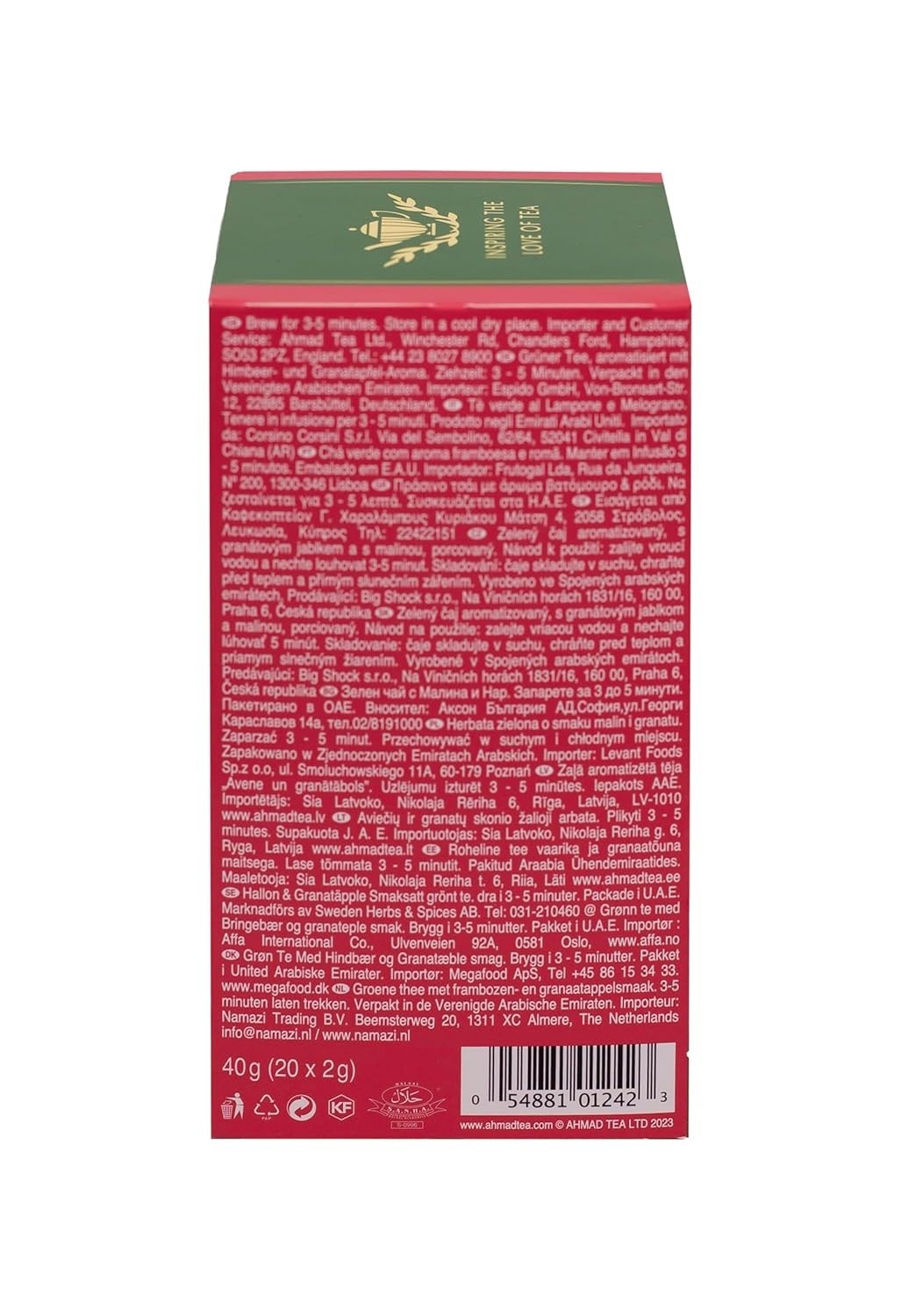 20 Count Ahmad Green Tea Bags – Raspberry & Pomegranate Flavor, Allergen-Free