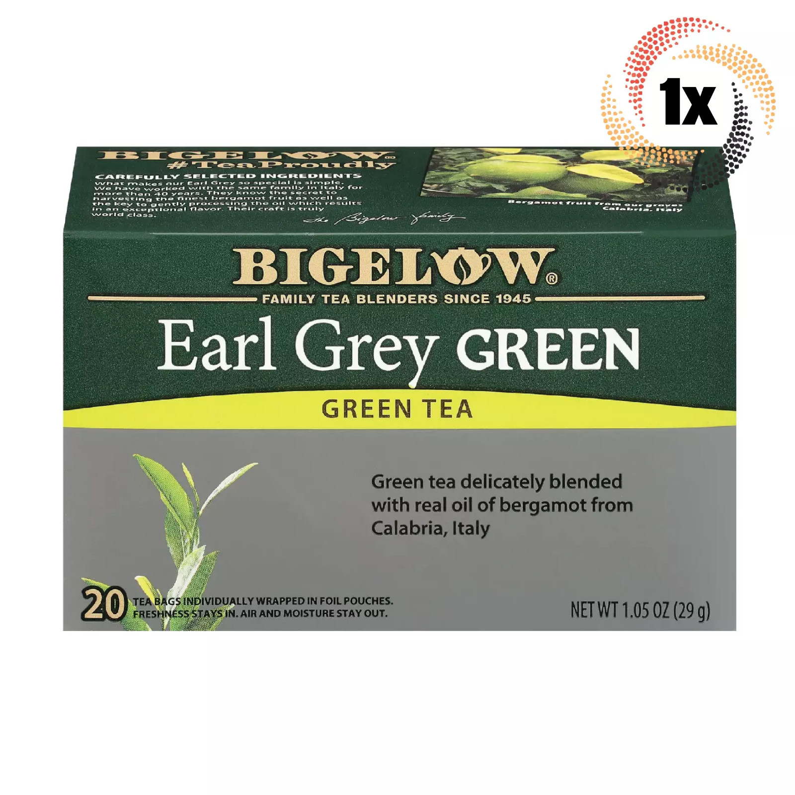 1x Box Bigelow Earl Grey Natural Green Tea | 20 Pouches Per Box | 1.05oz