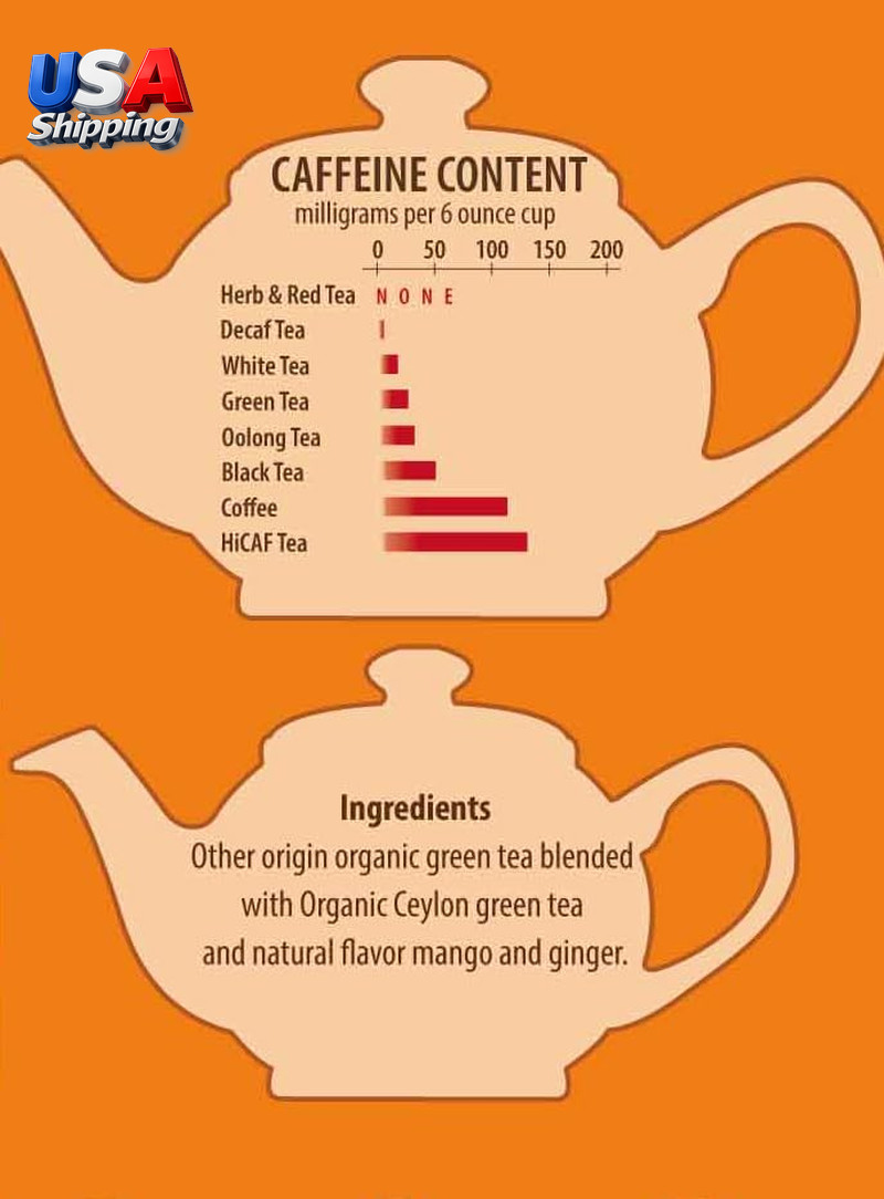 Green Tea Ginger Mango Flavor 50 Tea Bag Tin Organic Low Caffeine