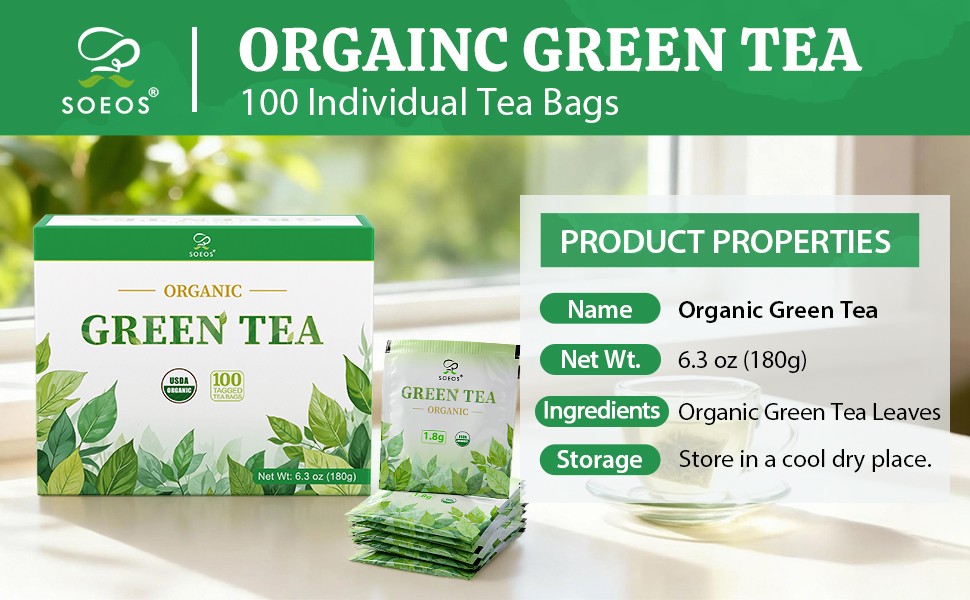 Organic Green Tea, 6.3 oz (180g), 100 Tea Bags, Refreshing and Fragrant,