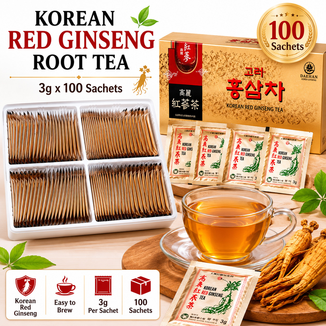 Premium Korea Red Ginseng Root Tea 3g x 100 Bags – Herbal Wellness