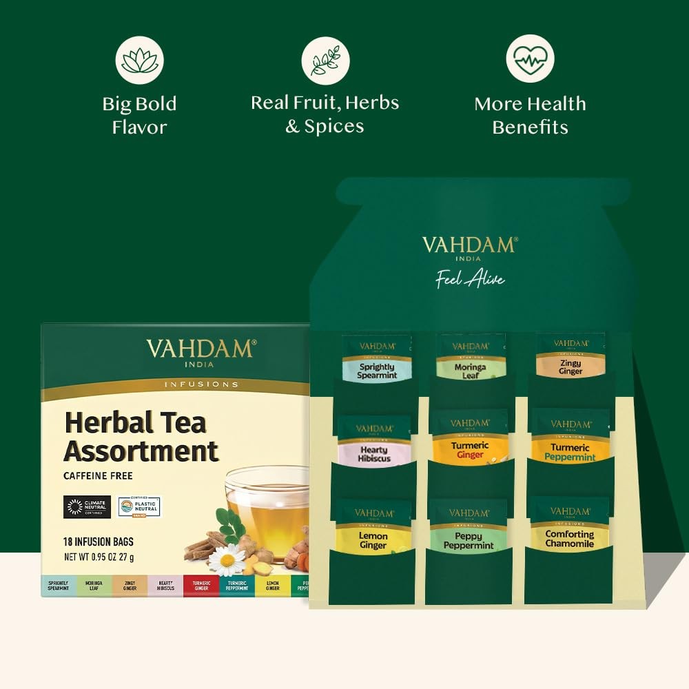 , Assorted Herbal Tea Sampler (18 Tea Bags, 9 Flavors) Caffeine-Free, Non-GMO…