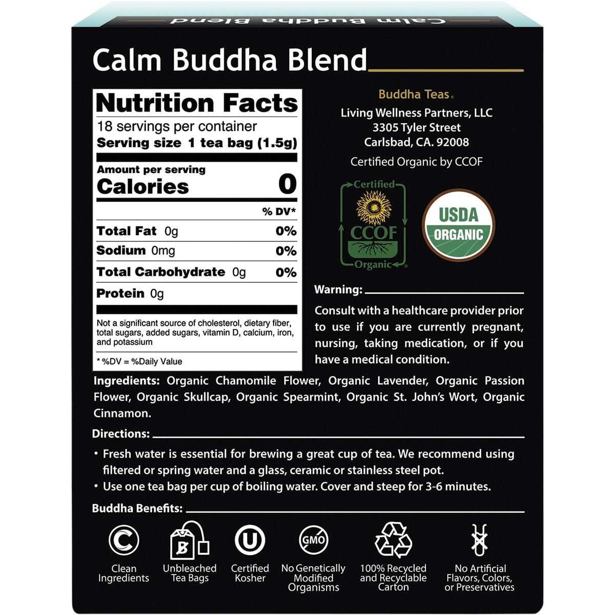 Buddha Teas Organic Herbal Tea Bags Calm Buddha Blend 18 Pack
