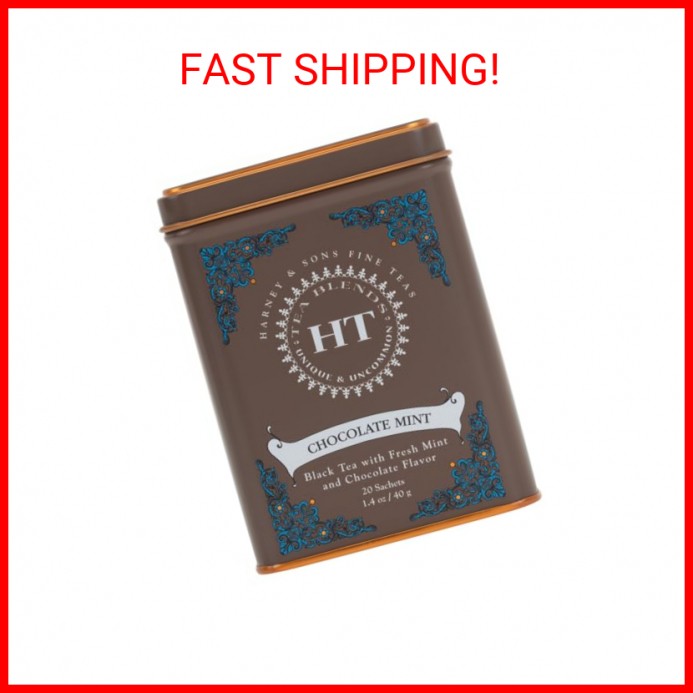 Harney and Sons Chocolate Mint, Flavored Black Tea – 20 Sachets per Tin