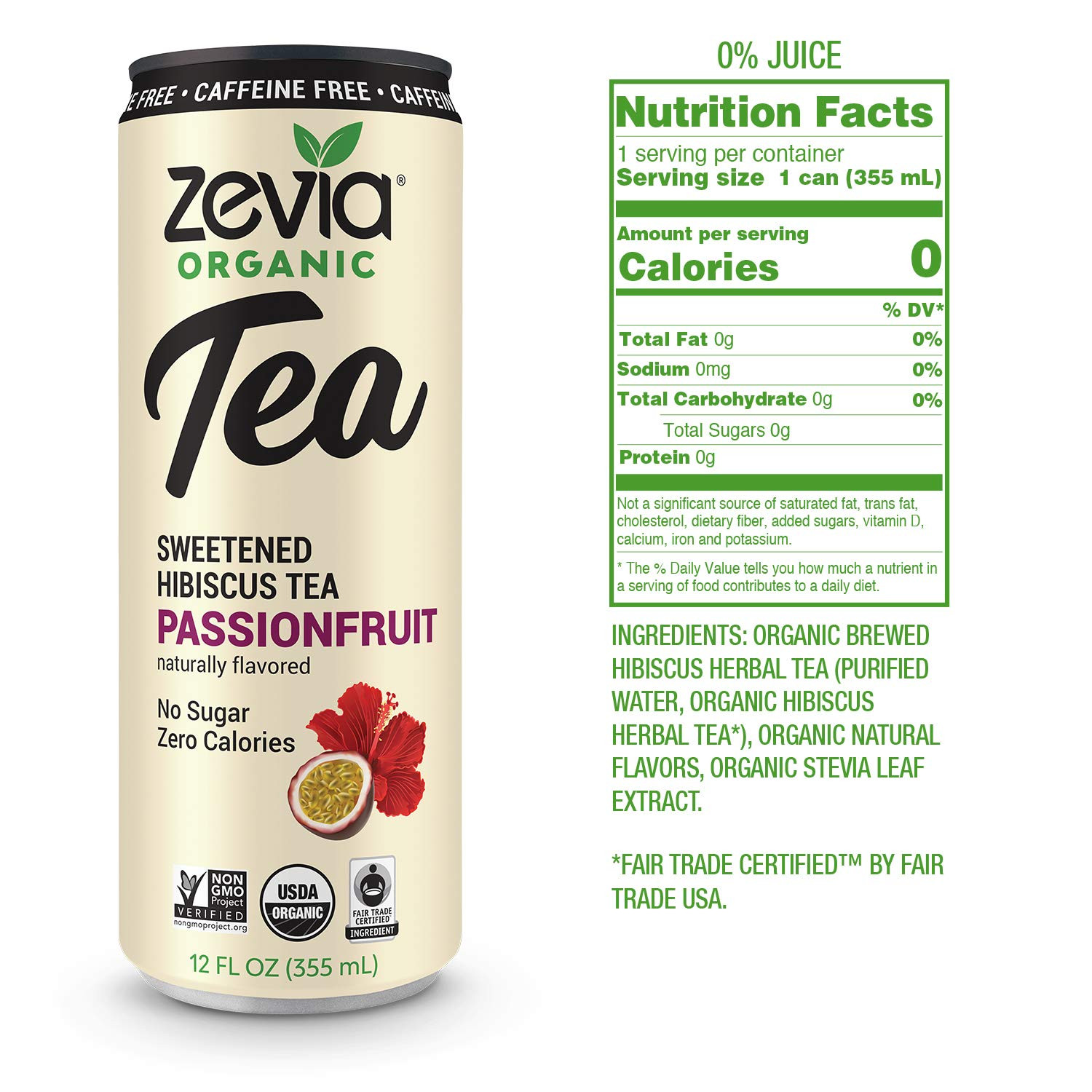 Zero Sugar Tea, Hibiscus Tea with Passionfruit Caffeine Free, 12 oz Cans (12-Pac